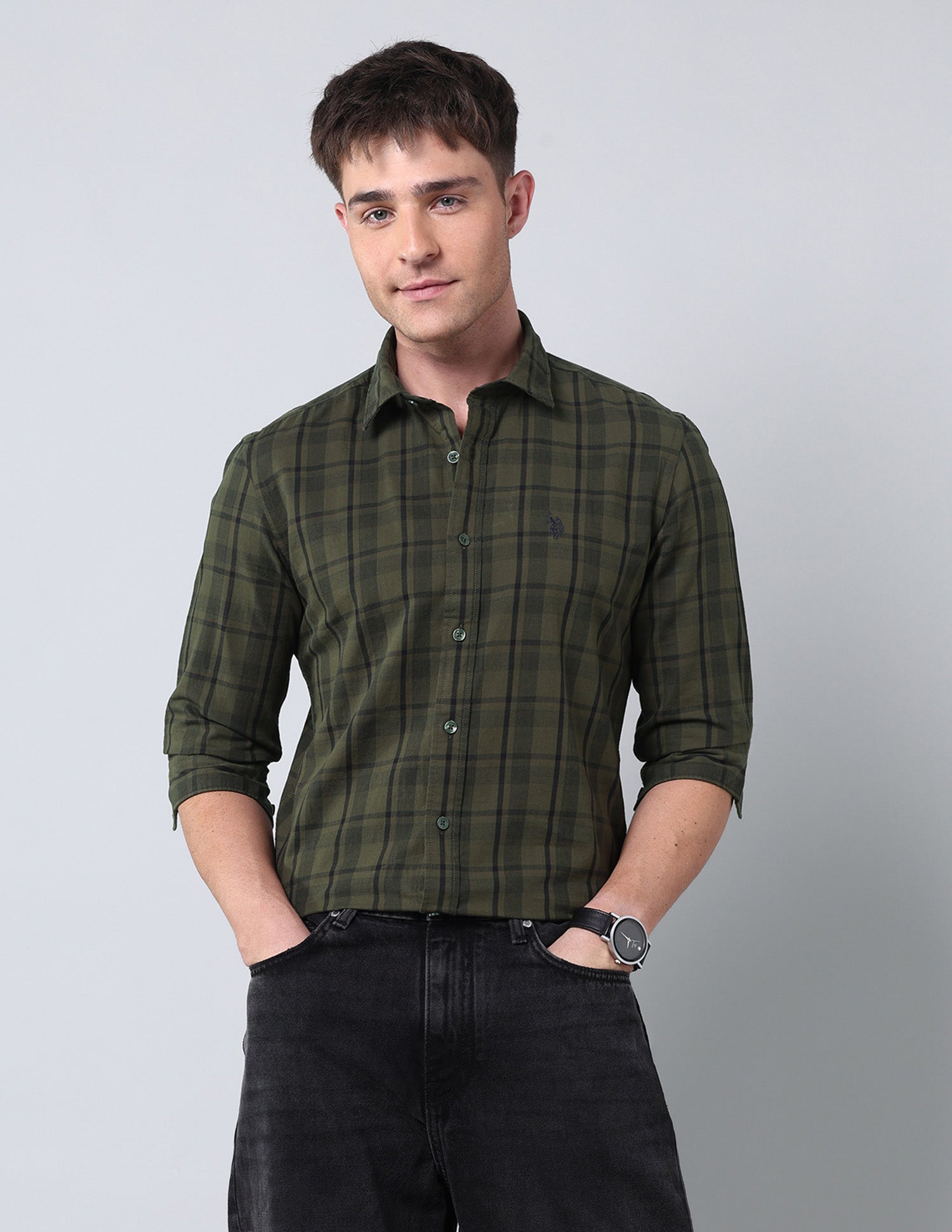 Grid Tattersall Checked Pure Cotton Shirt Olive - U.S. Polo Assn. India | Large