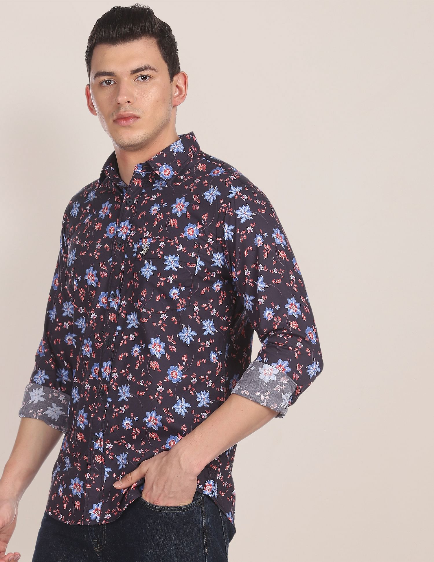 Spread Collar Floral Print Casual Shirt Navy - U.S. Polo Assn. India | Large