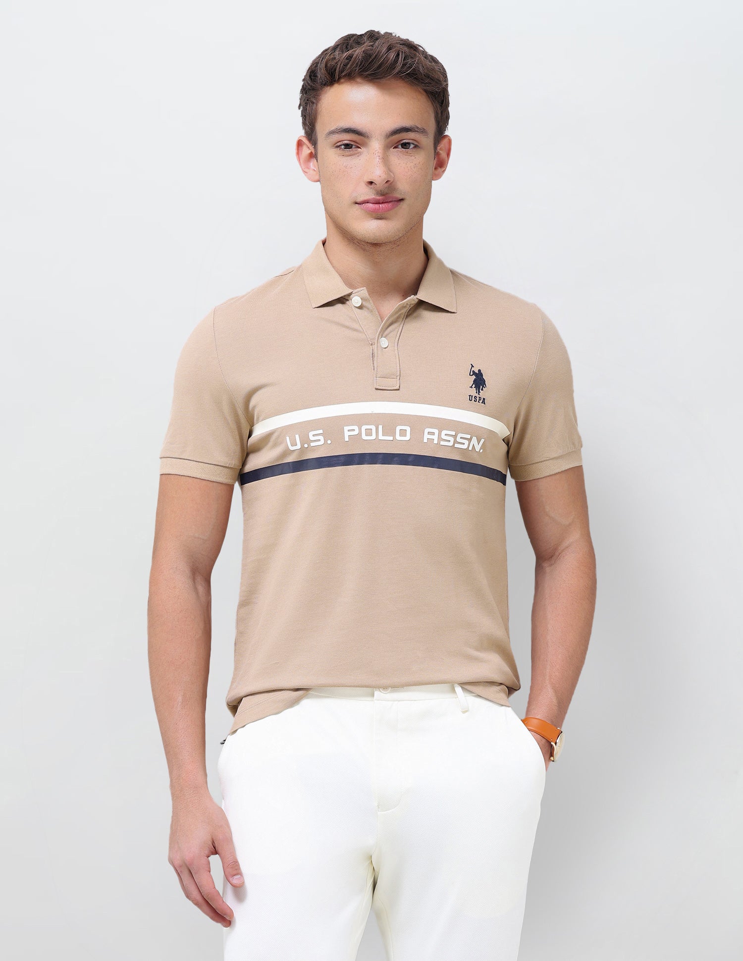 Brand Printed Muscle Fit Polo Shirt Beige - U.S. Polo Assn. India | Large