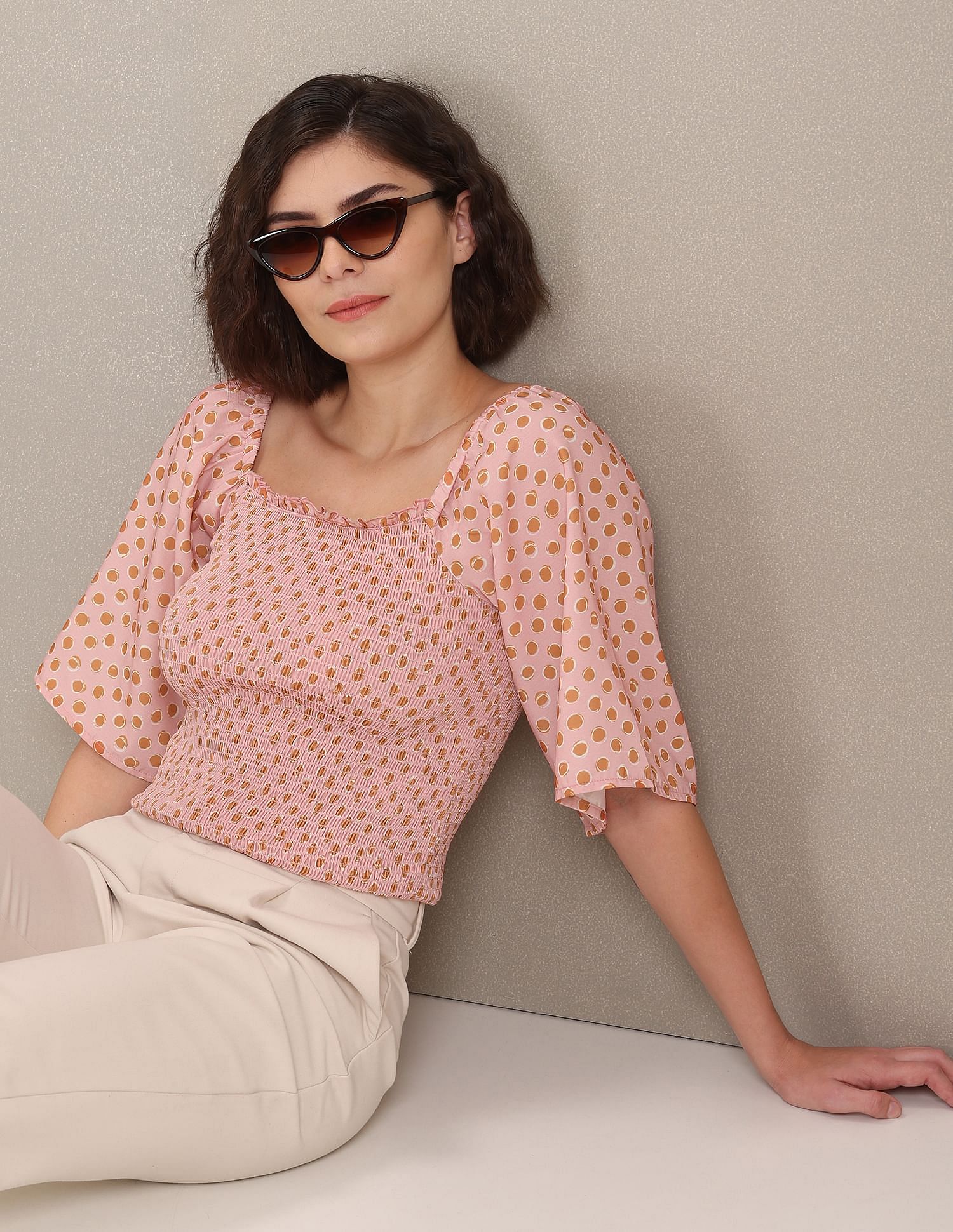 Square Neck Polka Dot Smocked Top Pink - U.S. Polo Assn. India | Large
