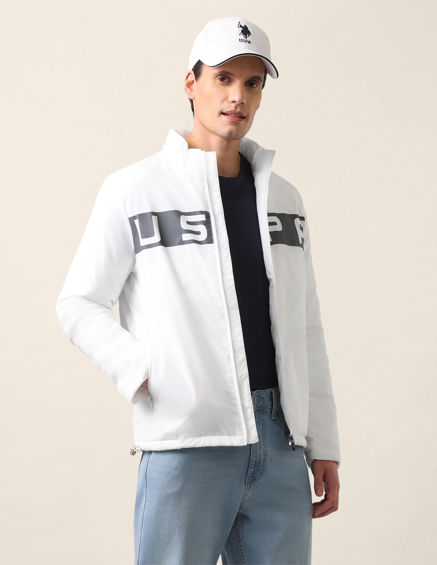 High Neck Brand Print Polyester Casual Jacket