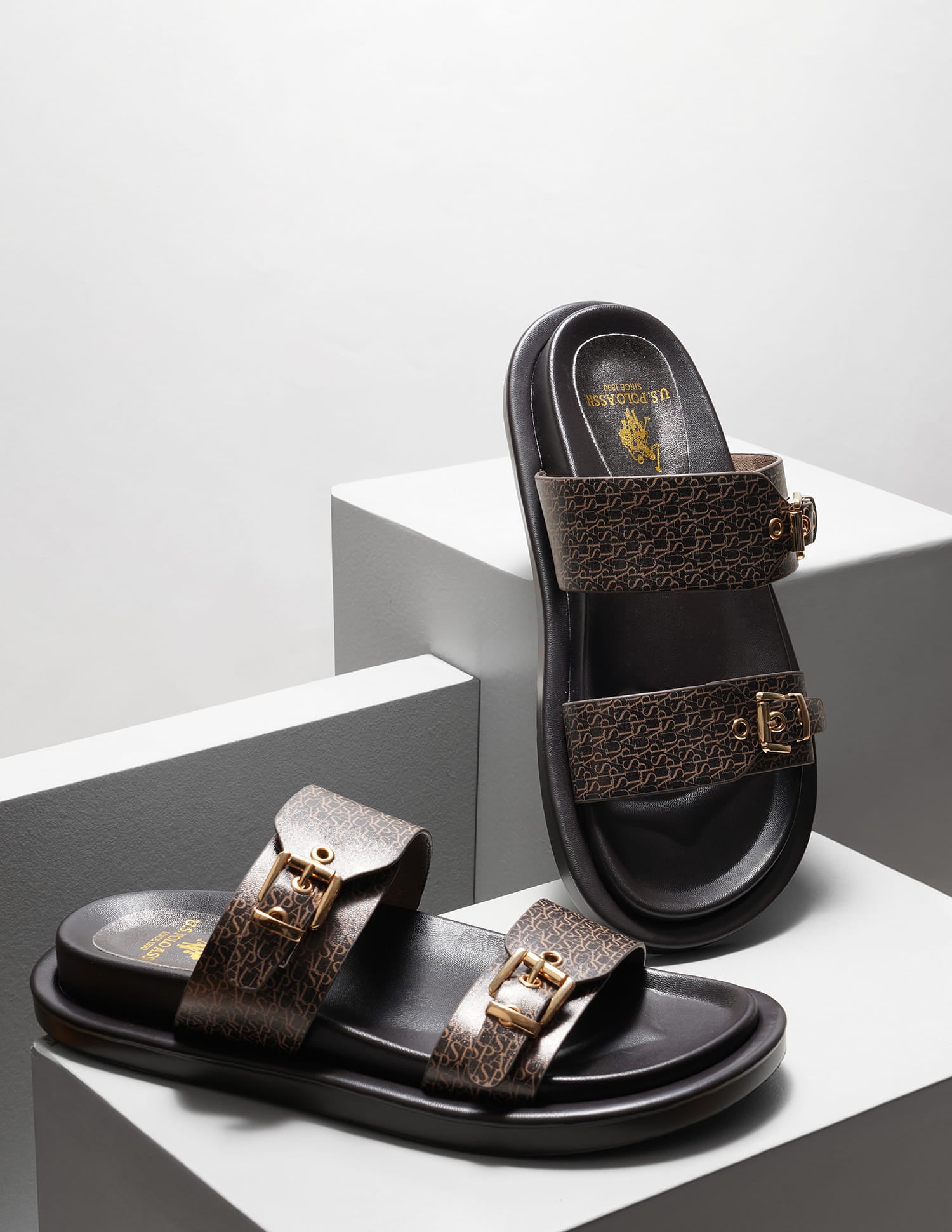 Open Toe Buckle Detail Maria Sandals Brown - U.S. Polo Assn. India | Large