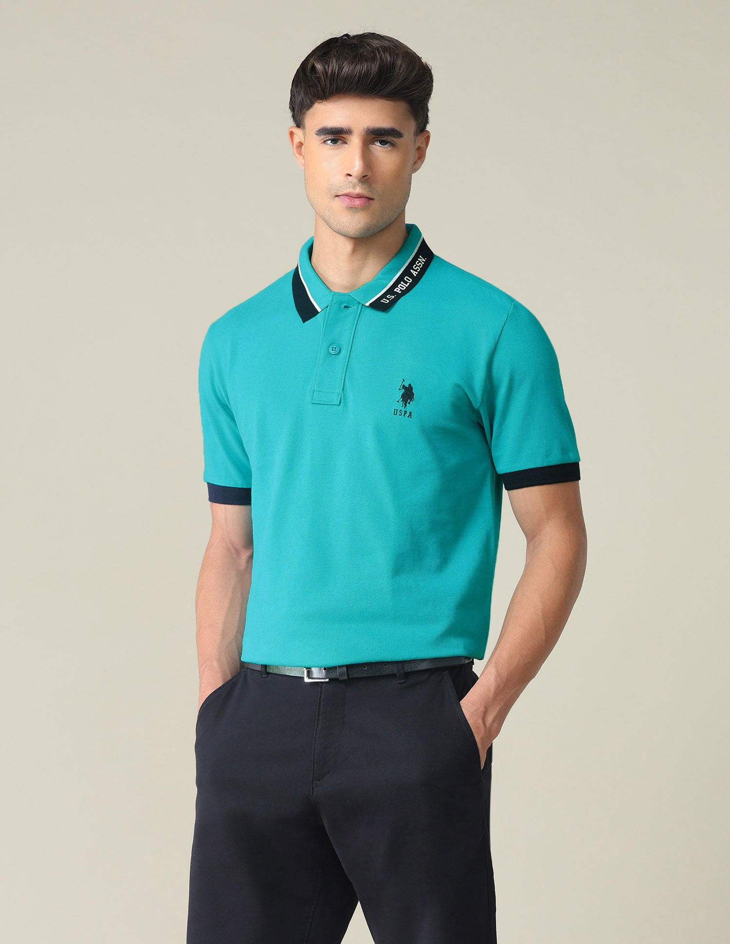 Branded Collar Pique Polo Shirt Green - U.S. POLO ASSN. | Large