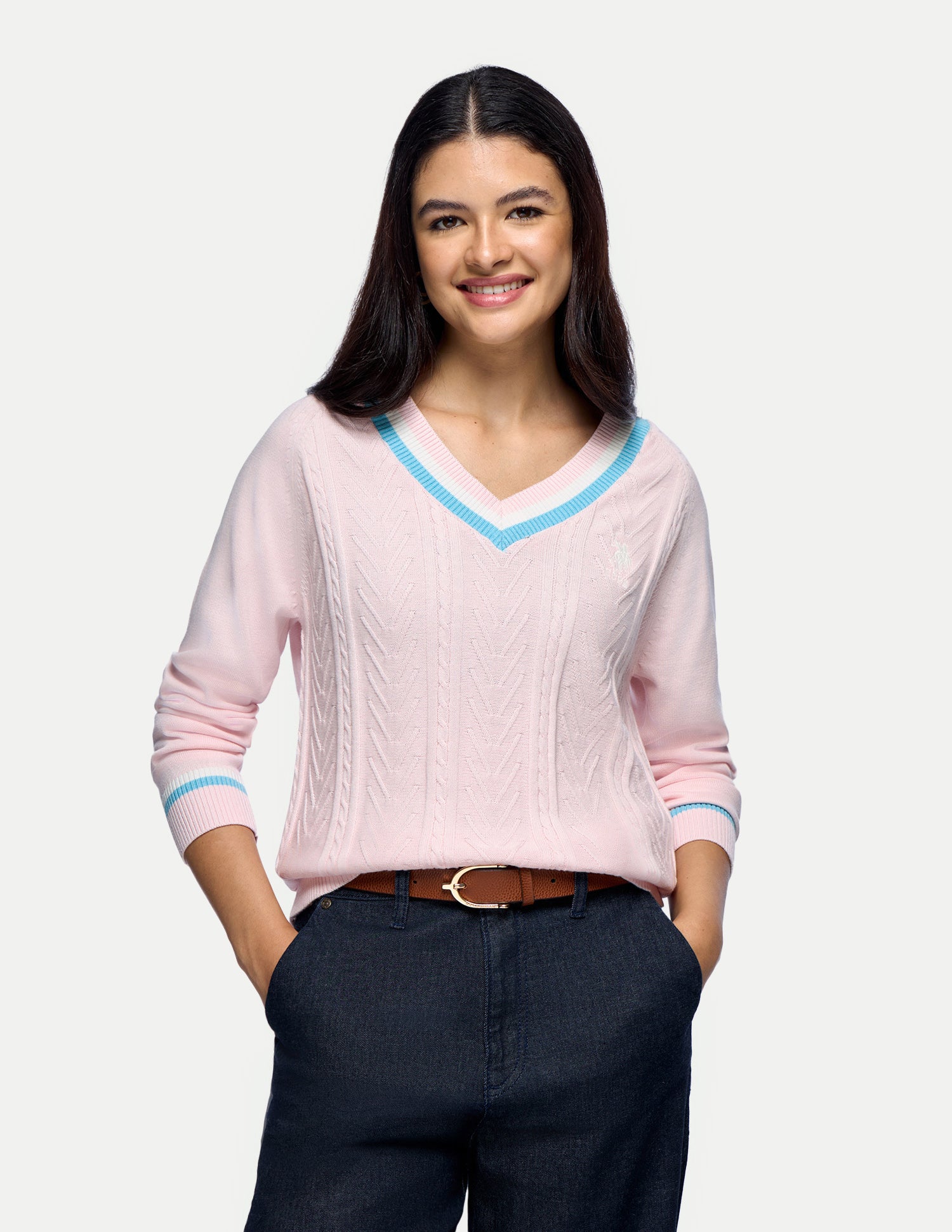 Cable Patterned Knit Regular Fit Sweater Light Pink - U.S. Polo Assn. India | Large