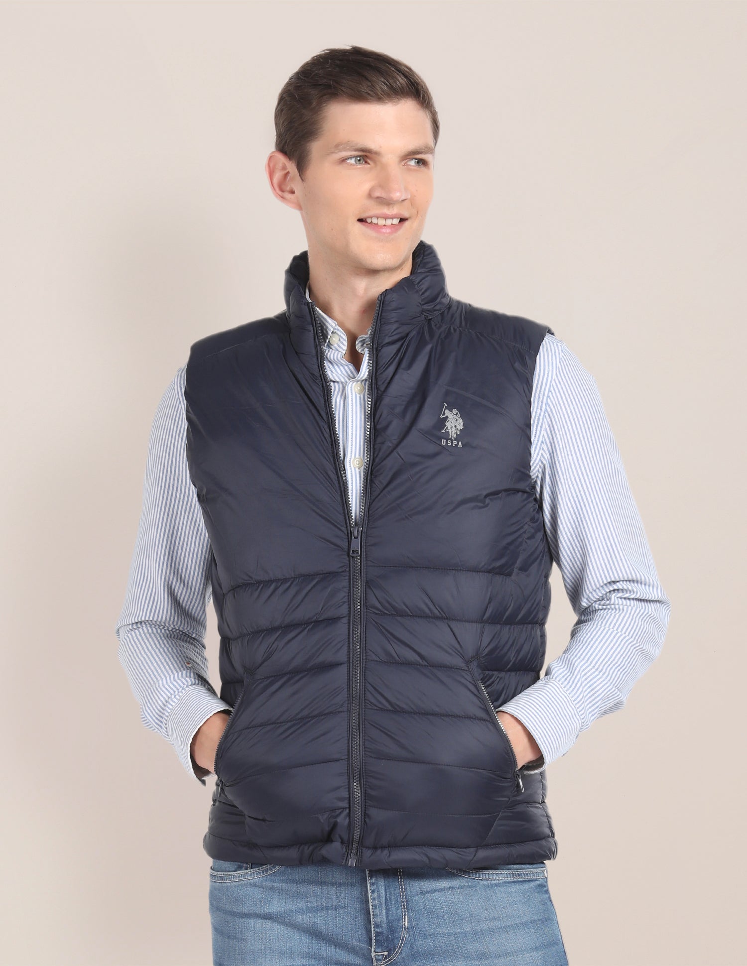 Concealed Hood Sleeveless Jacket Navy - U.S. POLO ASSN. | Large