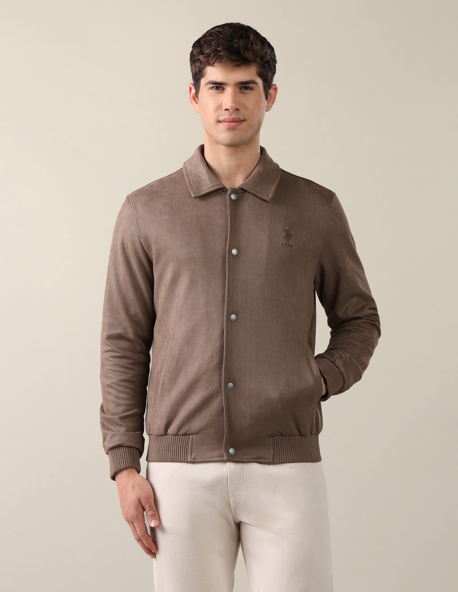 Solid Regular Fit Bomber Jacket Brown - U.S. Polo Assn. India | Large