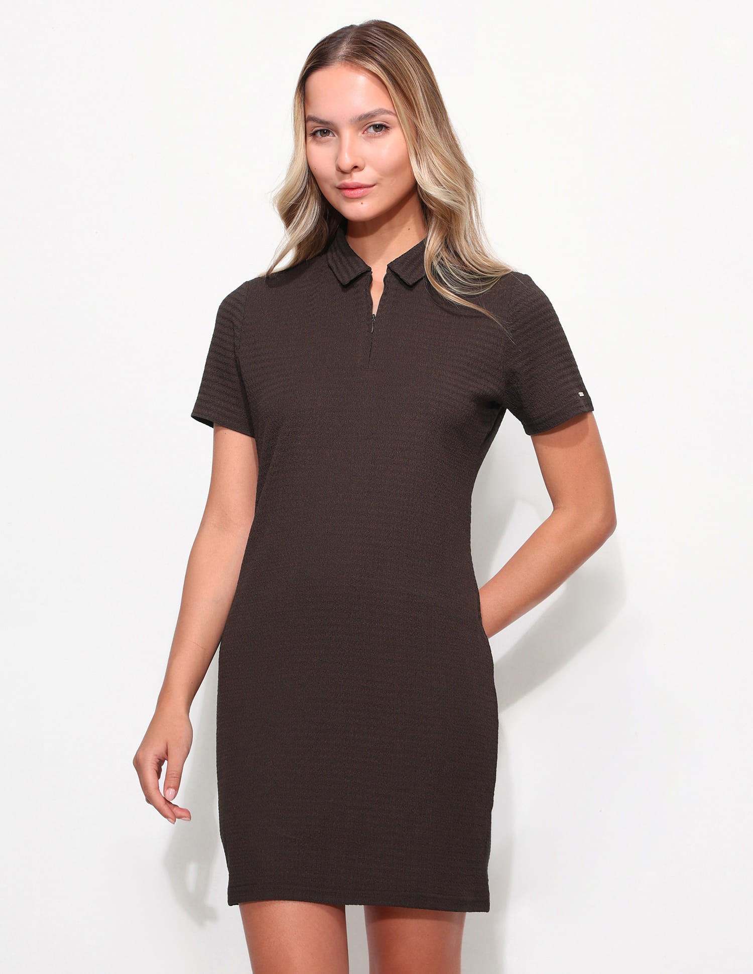 Zipper Collar Textured Short Polo Dress