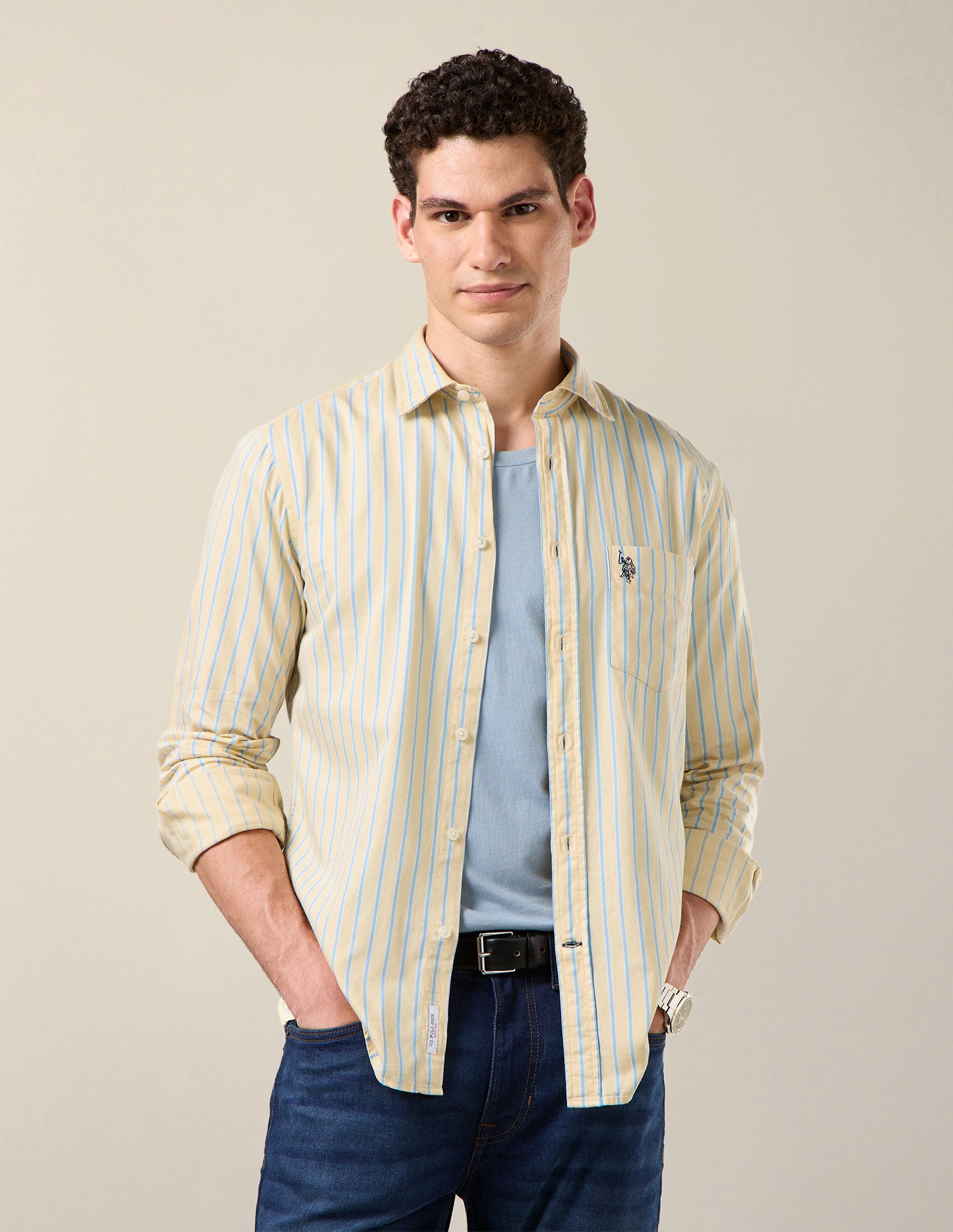 Vertical Striped Twill Shirt Light Yellow - U.S. Polo Assn. India | Large