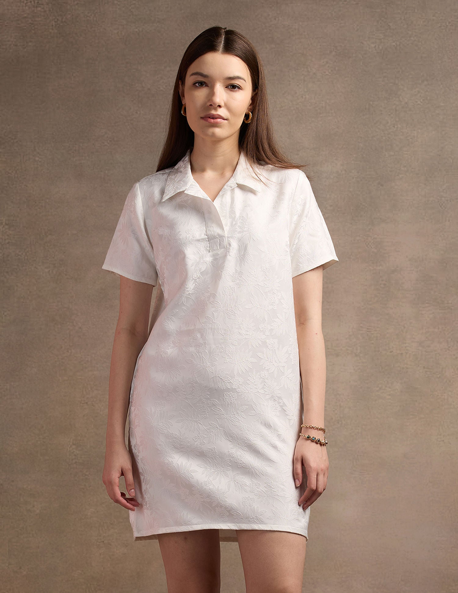 Polo Collar Jacquard Shift Dress
