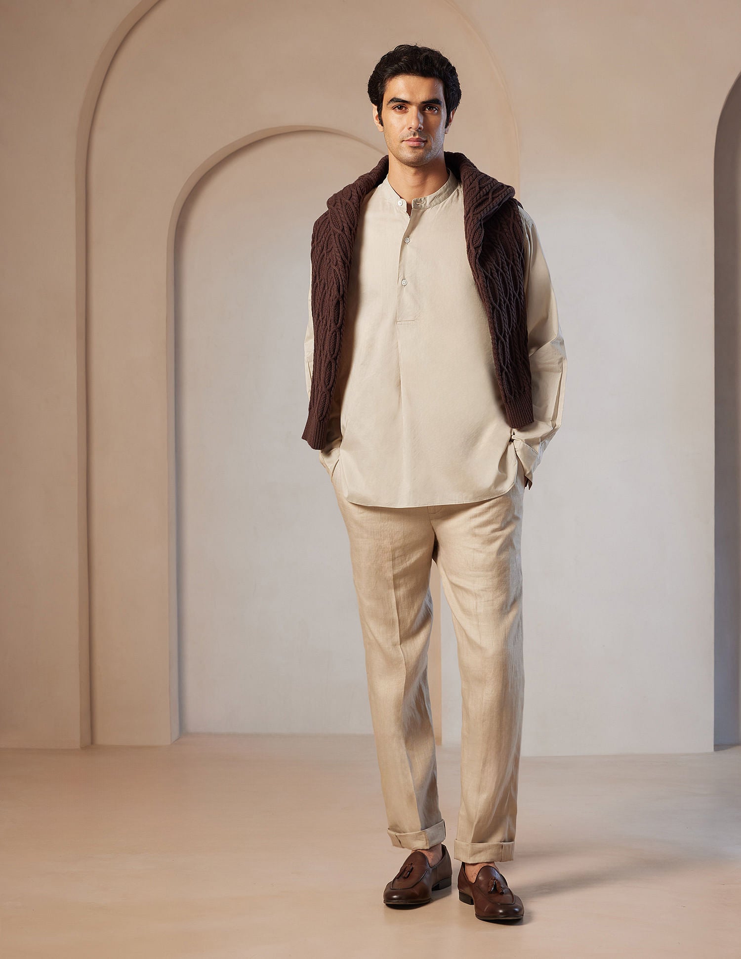 Pacho X Tailored Fit Mandarin Collar Shirt Sand - U.S. POLO ASSN. | Large