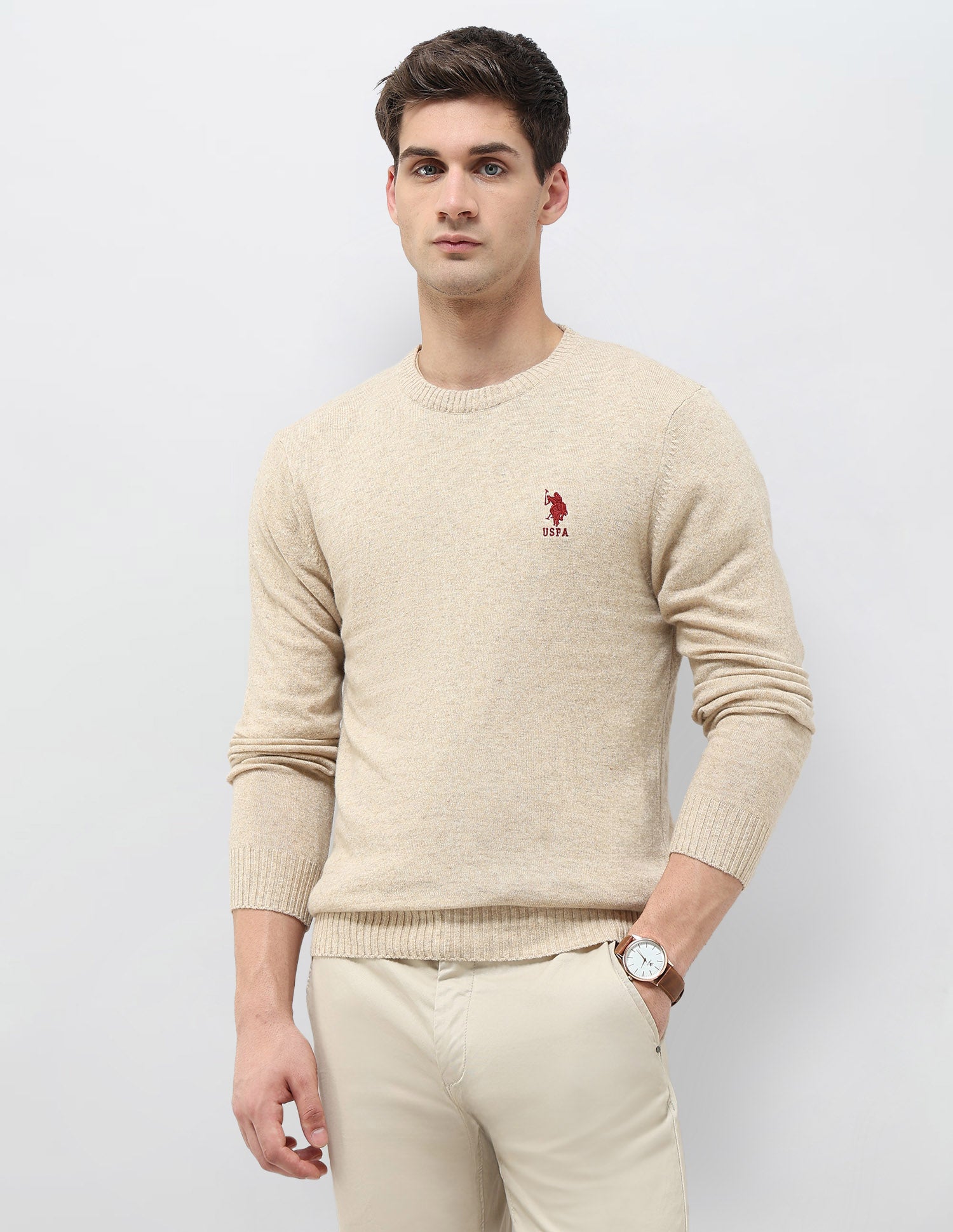 Solid Pattern Regular Fit Sweater Beige - U.S. Polo Assn. India | Large