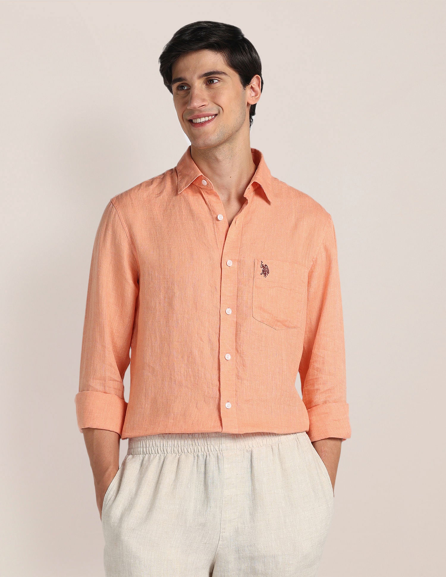 Solid Linen Shirt Orange - U.S. Polo Assn. India | Large
