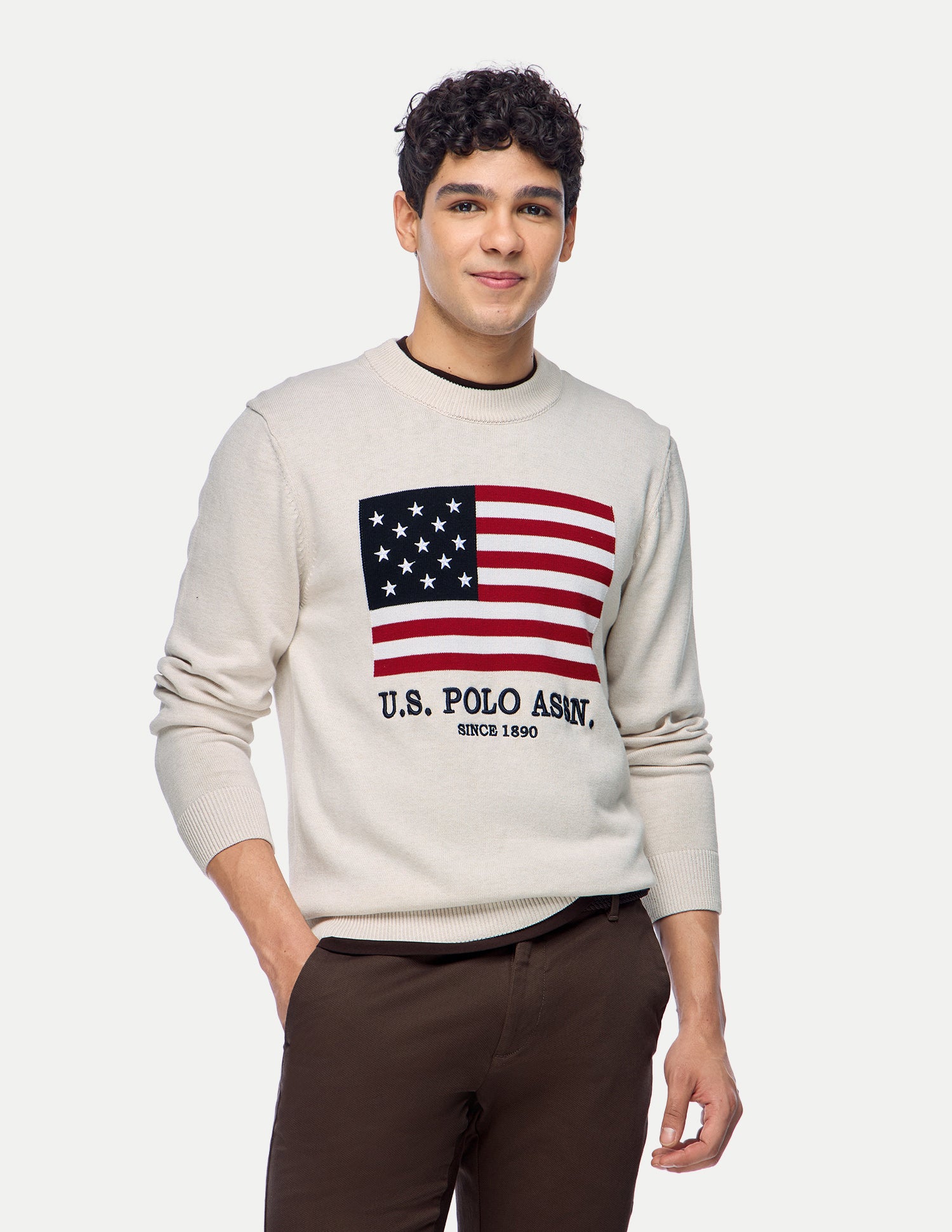 Graphic Brand Printed Slim Fit Sweater Beige - U.S. Polo Assn. India | Large
