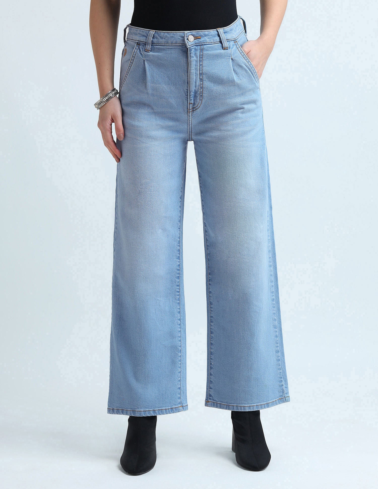 Pleated Wide Leg Fit Blue Jeans Blue - U.S. Polo Assn. India | Large