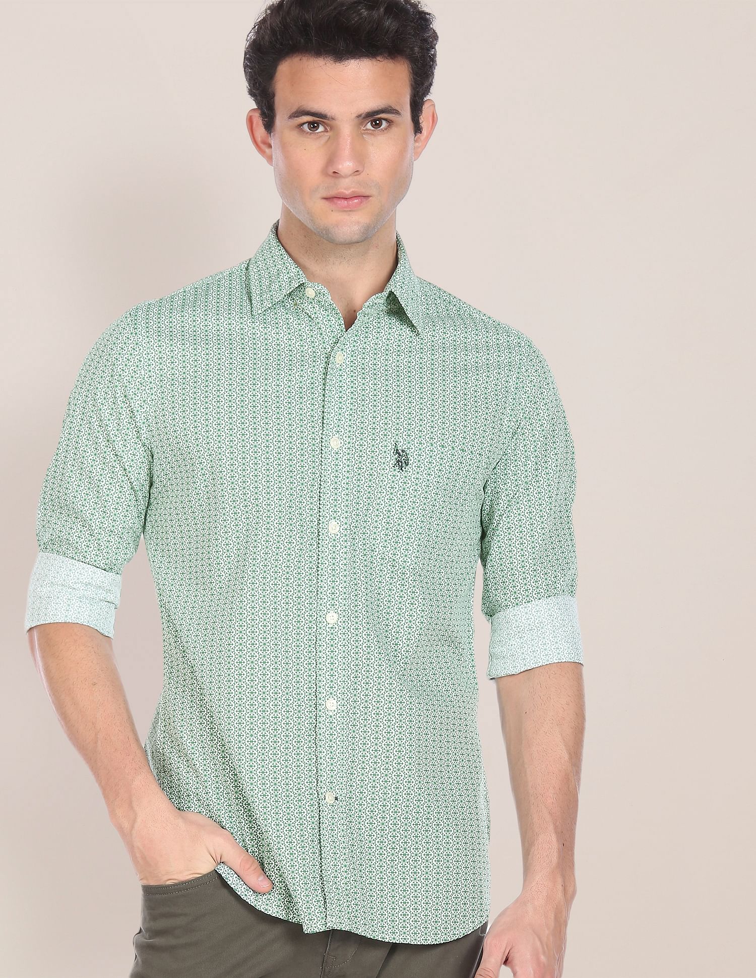 Men Green Spread Collar Printed Casual Shirt Green - U.S. POLO ASSN. | Large