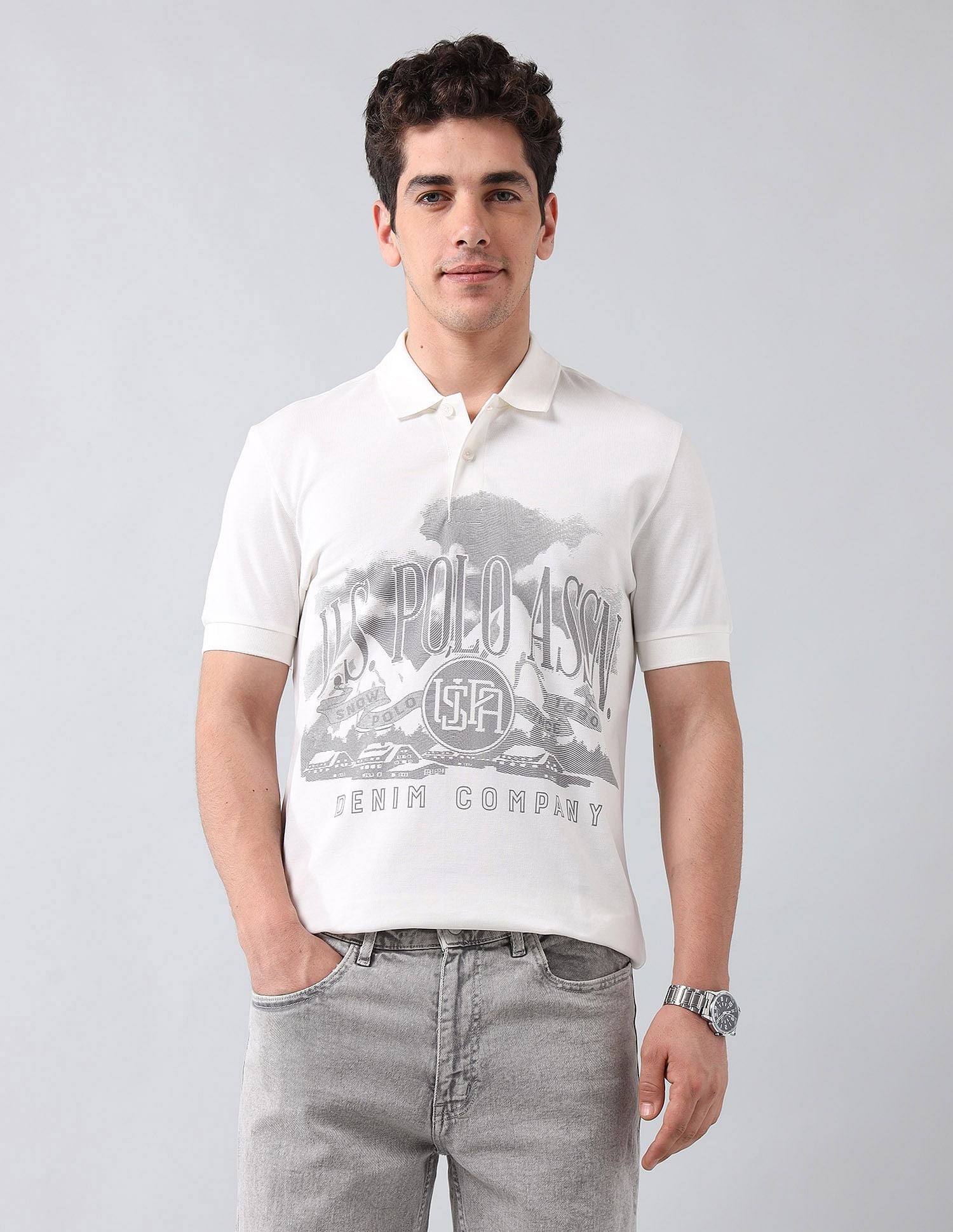 Muscle Fit Brand Printed Polo Shirt Ivory - U.S. Polo Assn. India | Large