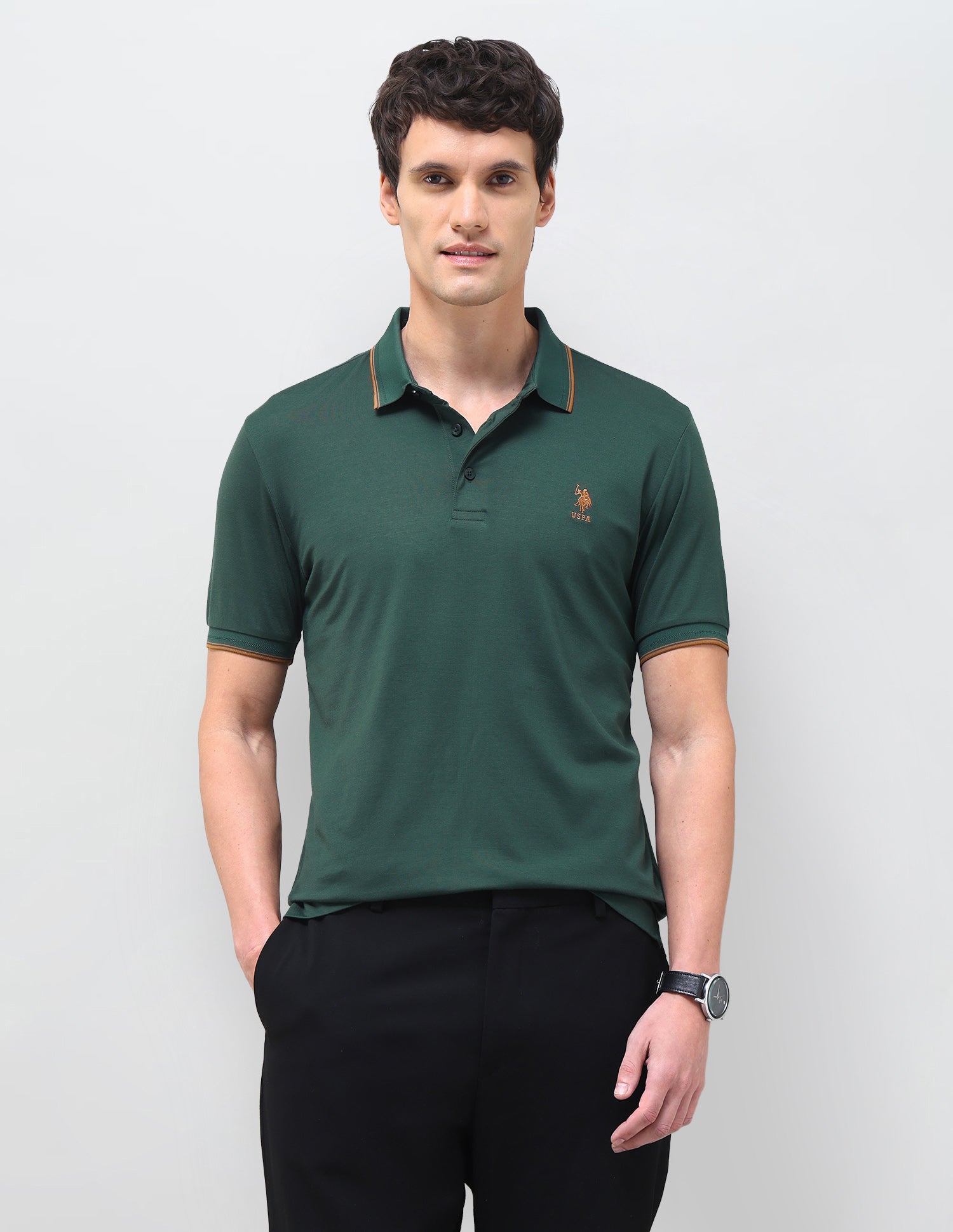 Slim Fit Solid Polo Shirt Green - U.S. Polo Assn. India | Large