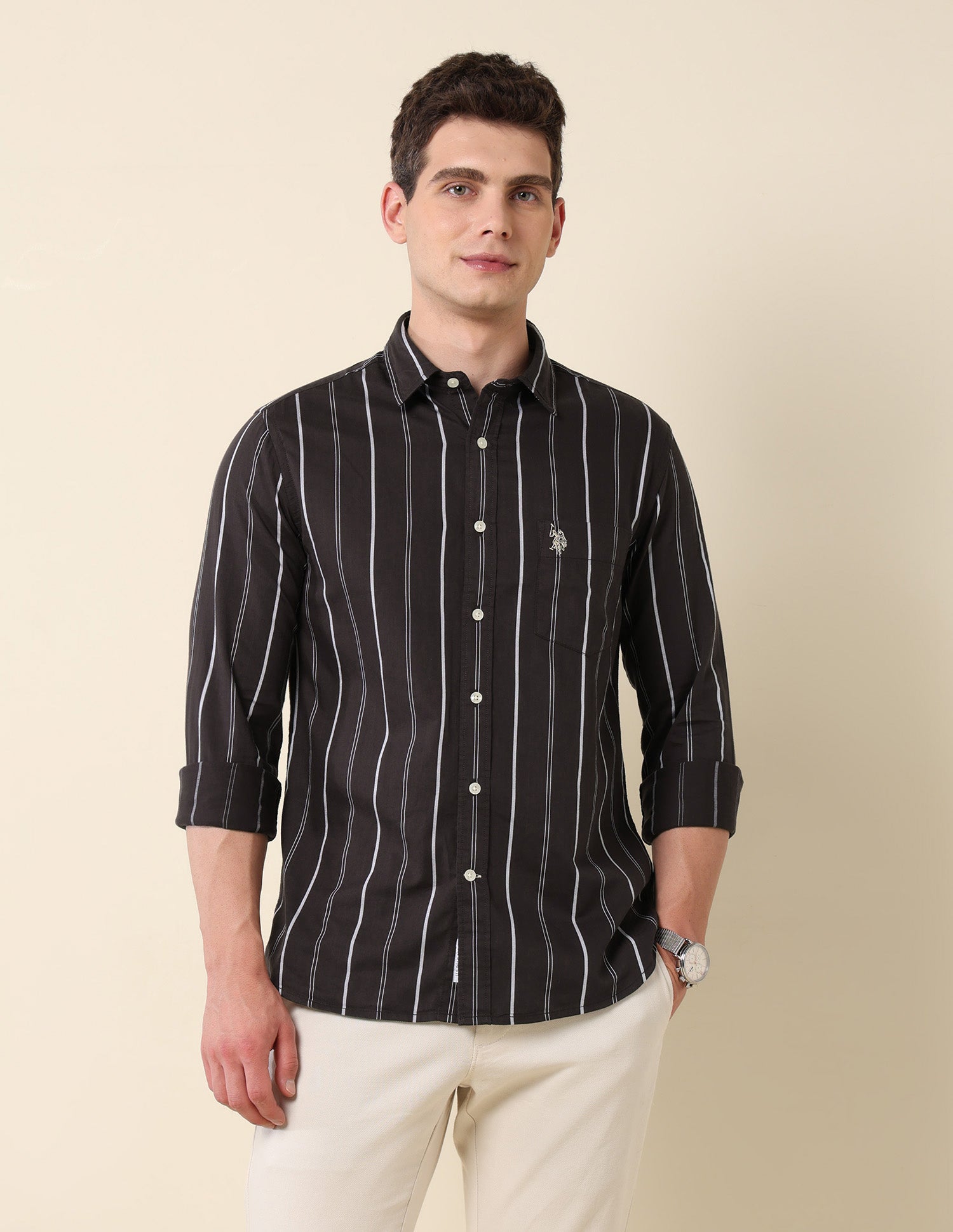Vertical Striped Pure Cotton Shirt Brown - U.S. Polo Assn. India | Large