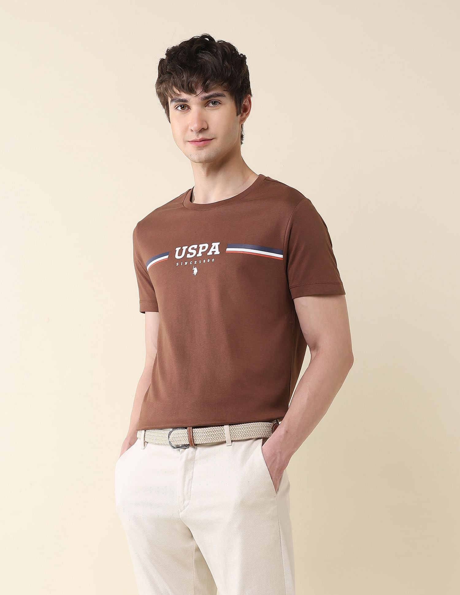 Pure Cotton Slim Fit T-Shirt Light Brown - U.S. Polo Assn. India | Large