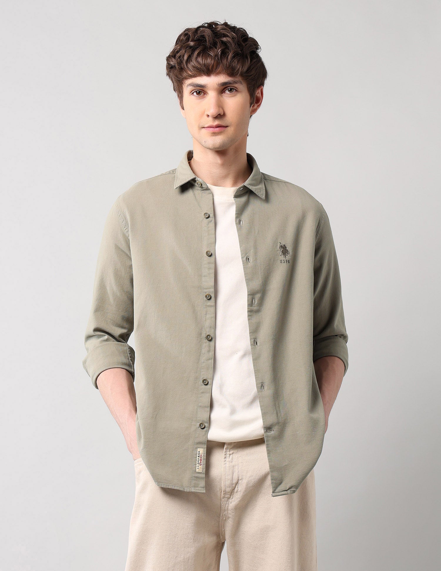 Pure Cotton Regular Fit Dobby Shirt Light Olive - U.S. Polo Assn. India | Large