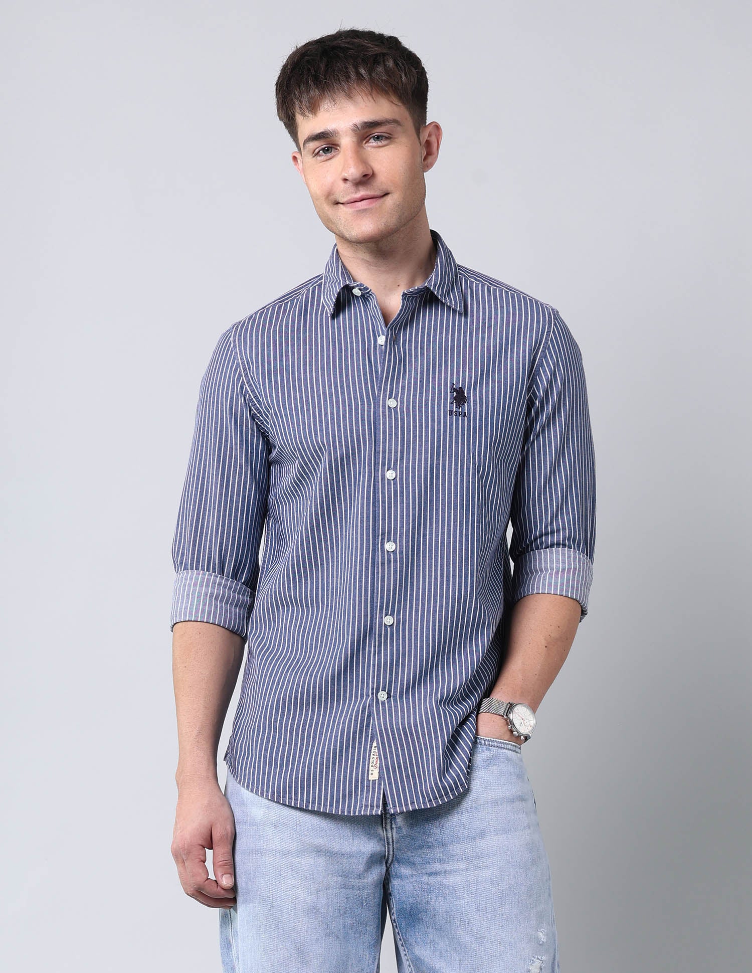Vertical Striped Pure Cotton Shirt Indigo - U.S. Polo Assn. India | Large