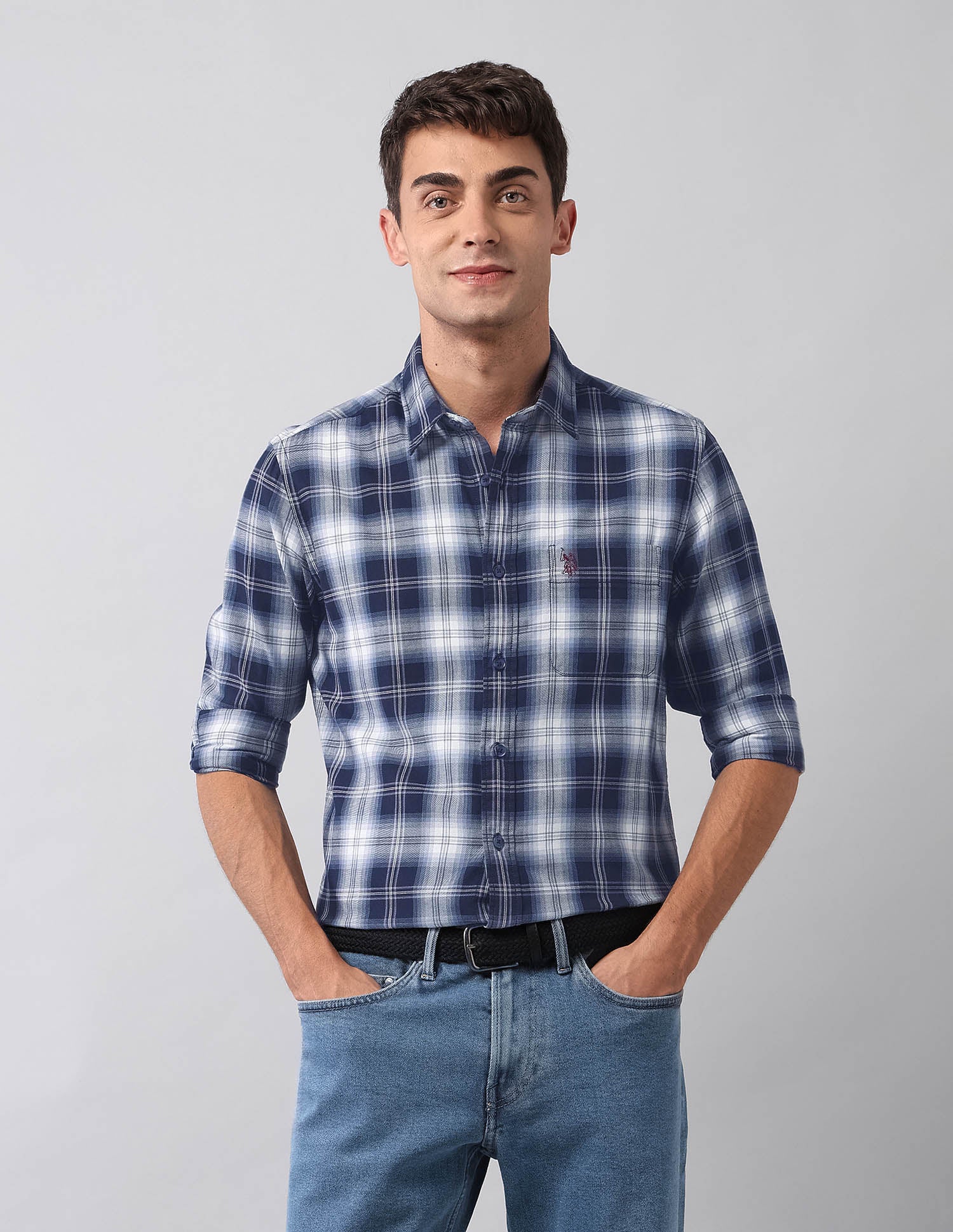 Pure Cotton Plaid Checked Shirt Navy - U.S. Polo Assn. India | Large