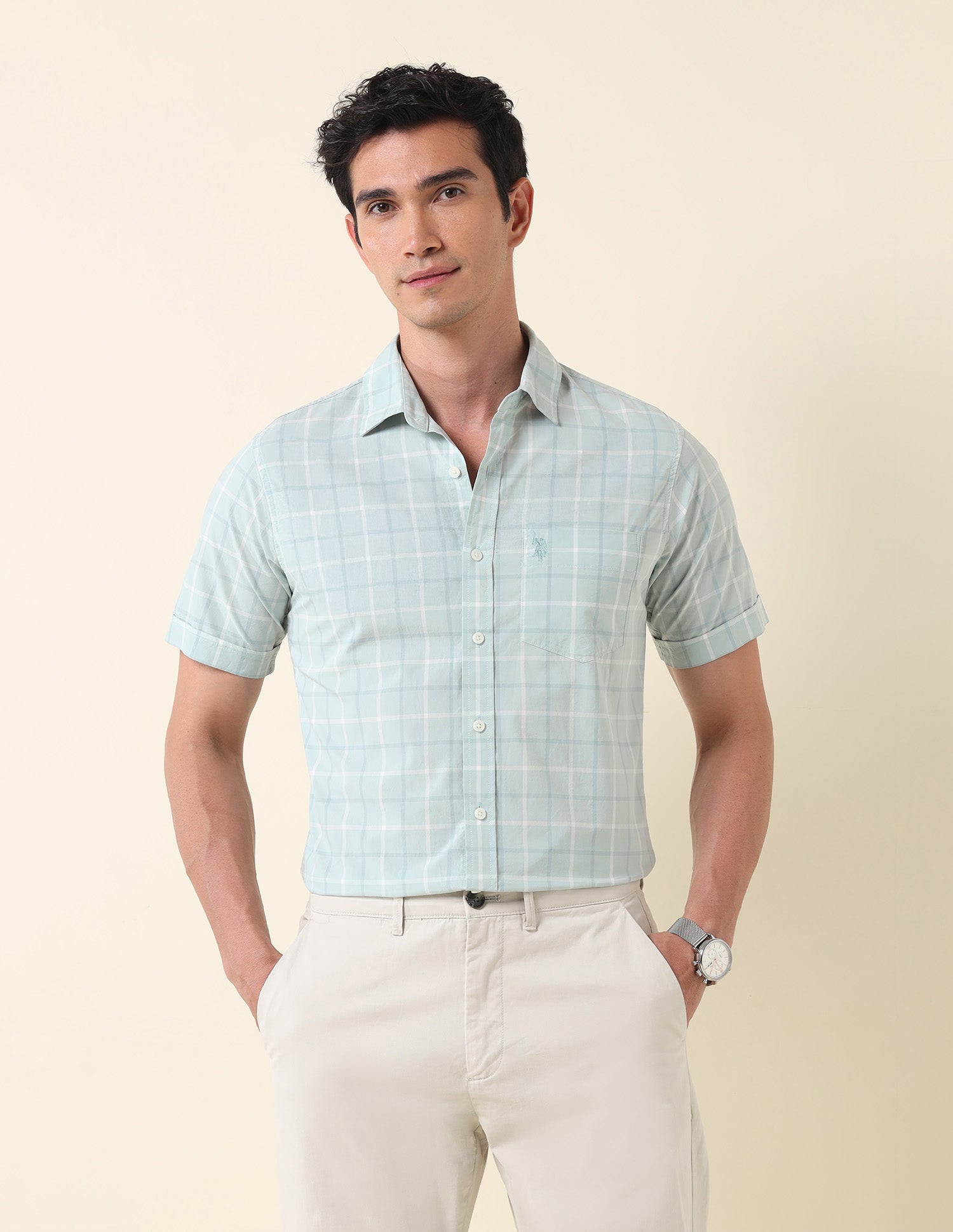 Pure Cotton Grid Tattersall Checked Shirt Light Green - U.S. Polo Assn. India | Large