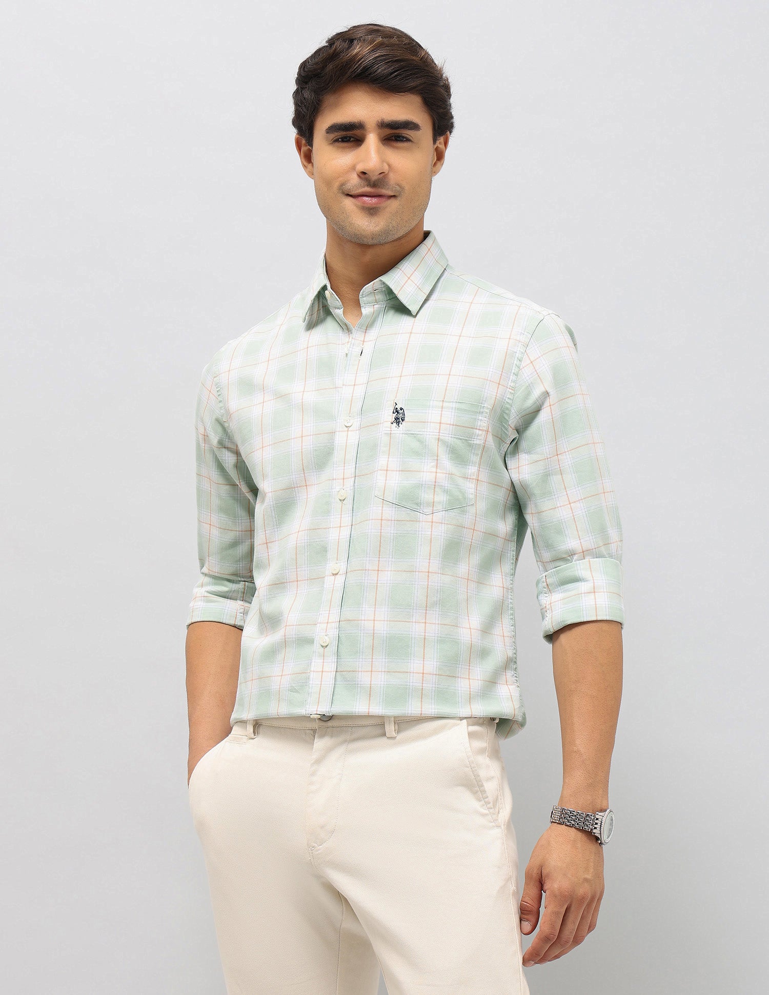 Plaid Checked Pure Cotton Shirt Light Green - U.S. Polo Assn. India | Large