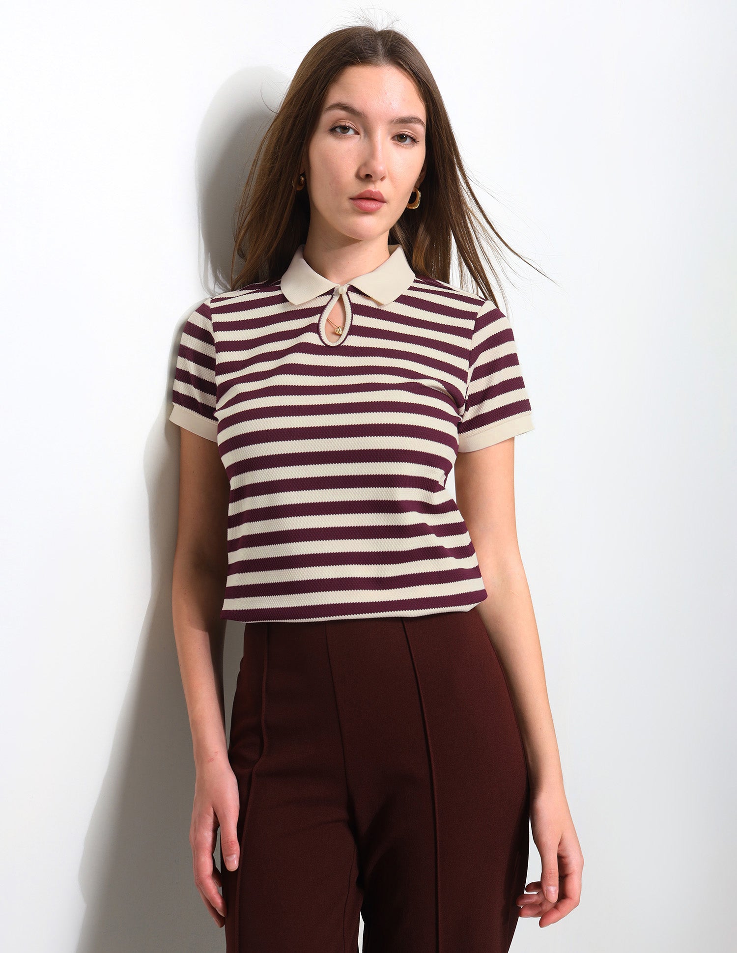 Horizontal Striped Key Hole Polo Shirt