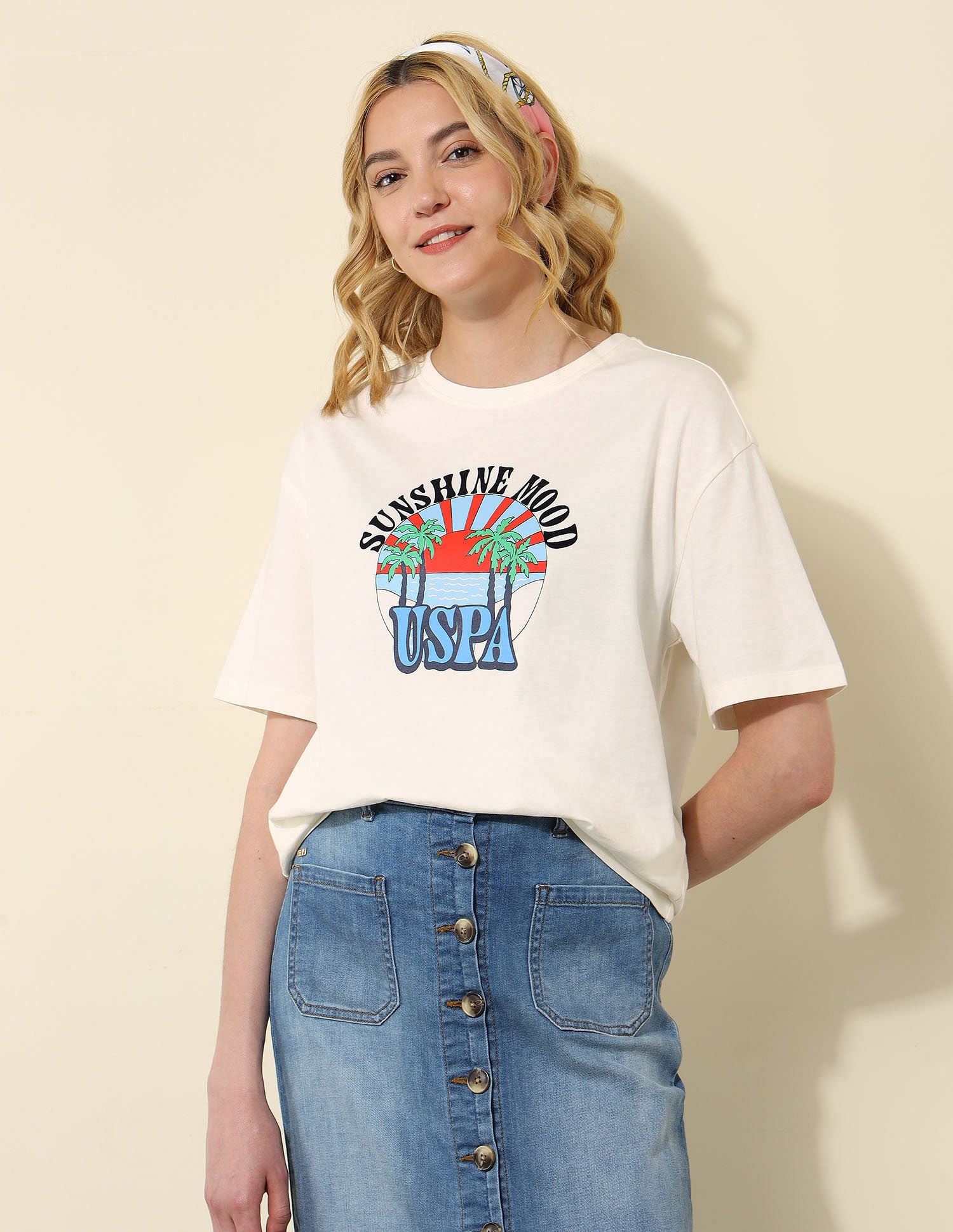 Boyfriend Fit Tropical Printed T-Shirt Off White - U.S. POLO ASSN. | Large