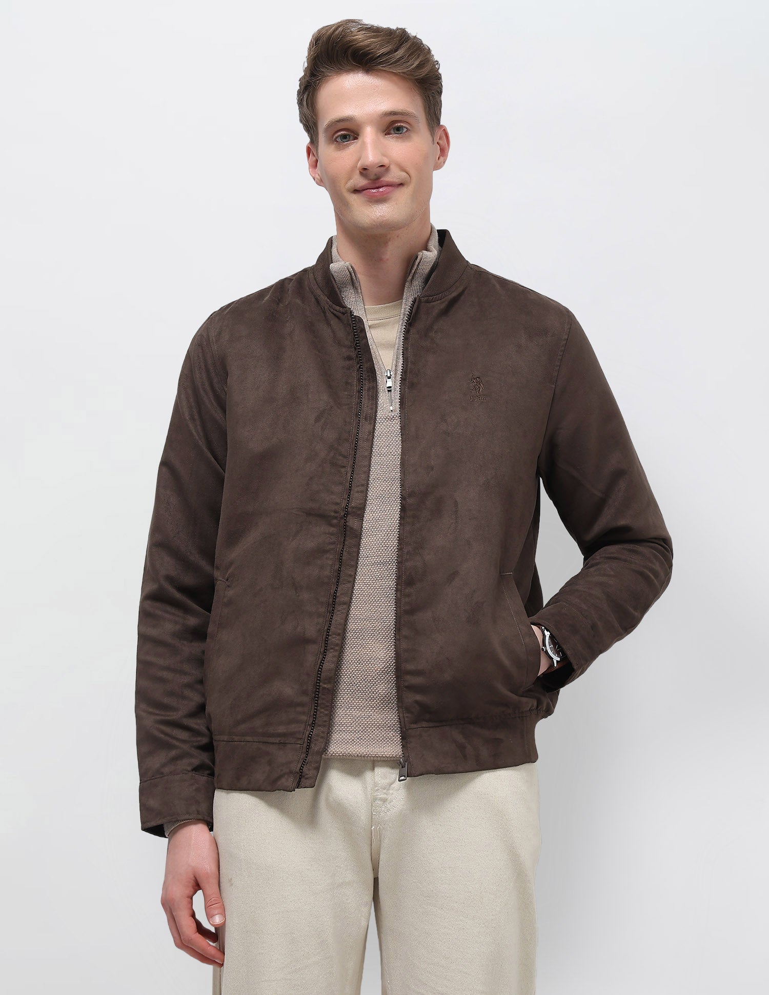 Solid Regular Fit Bomber Jacket Dark Brown - U.S. Polo Assn. India | Large