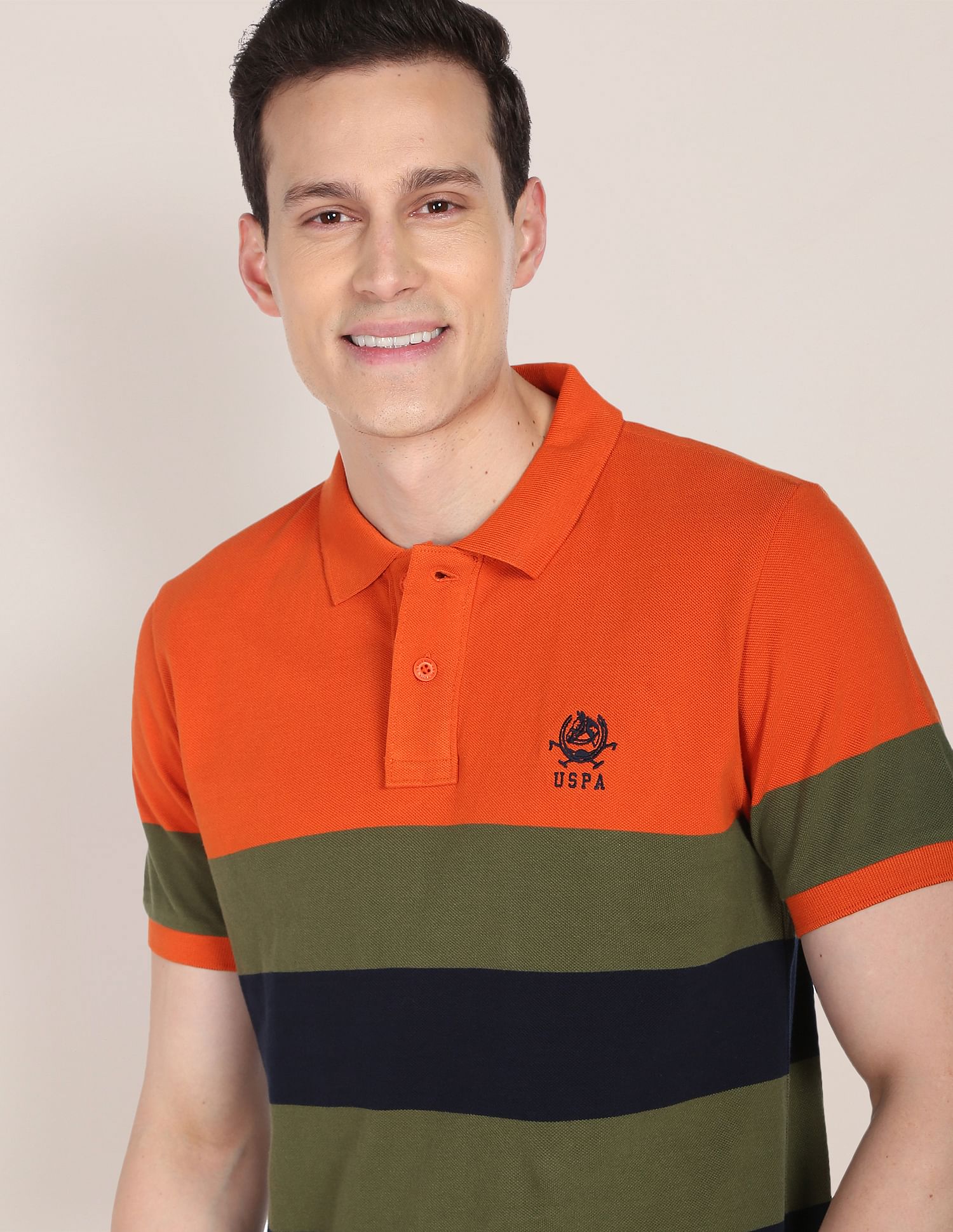 Horizontal Stripe Cotton Polo Shirt Orange, Olive and Navy - U.S. POLO ASSN. | Large