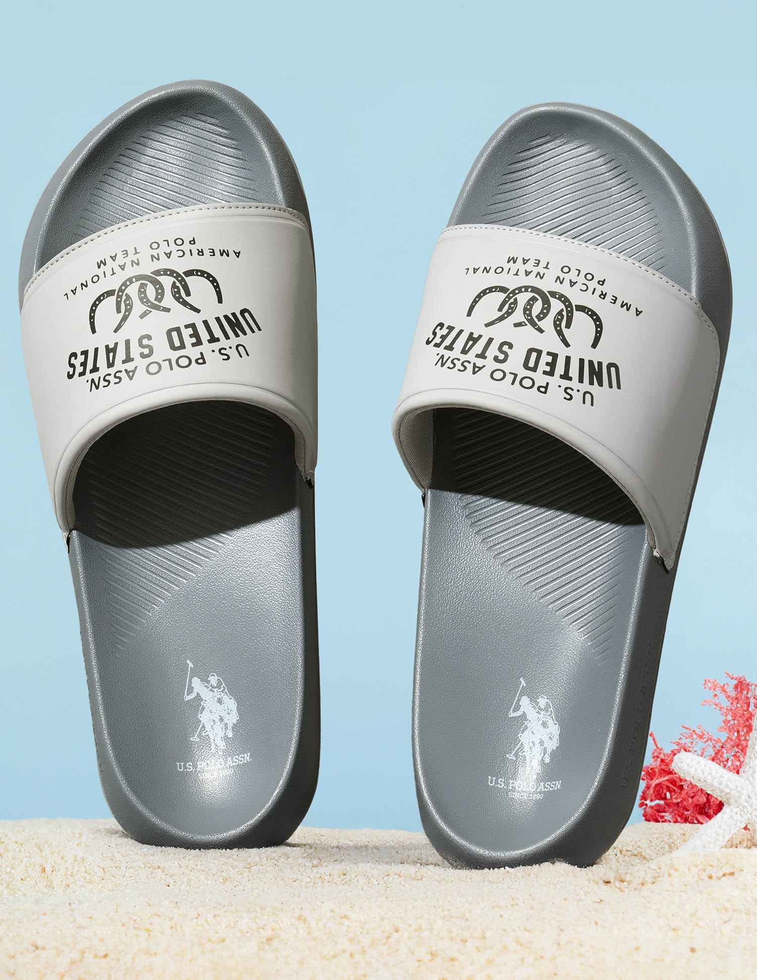Men Toni Printed Sliders Light Grey - U.S. Polo Assn. India | Large