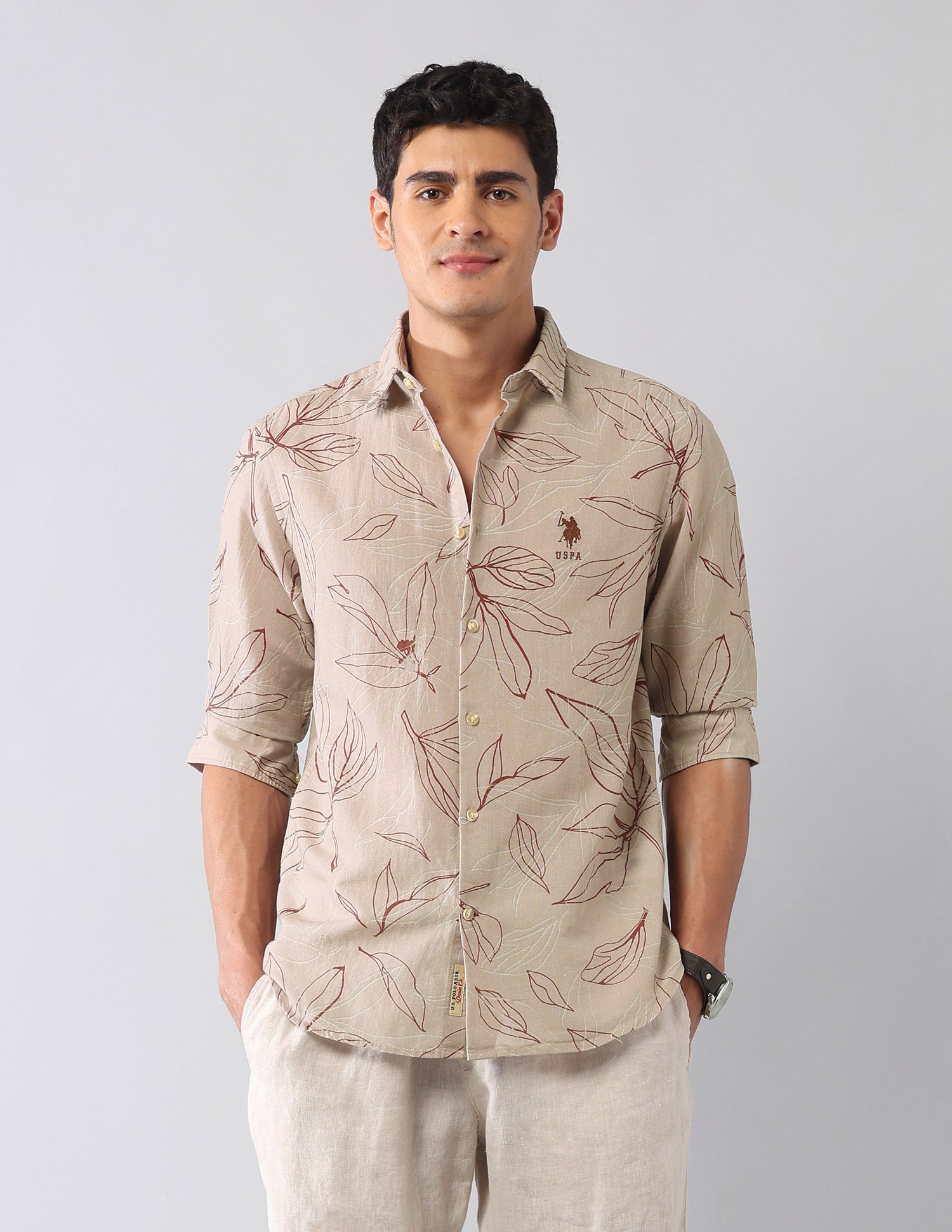 Tropical Printed Poplin Regular Fit Shirt Khaki - U.S. Polo Assn. India | Large