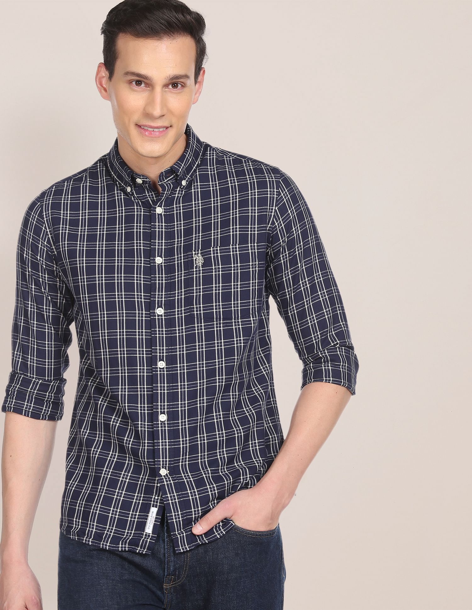 Men Navy Button Down Collar Check Casual Shirt Navy - U.S. POLO ASSN. | Large