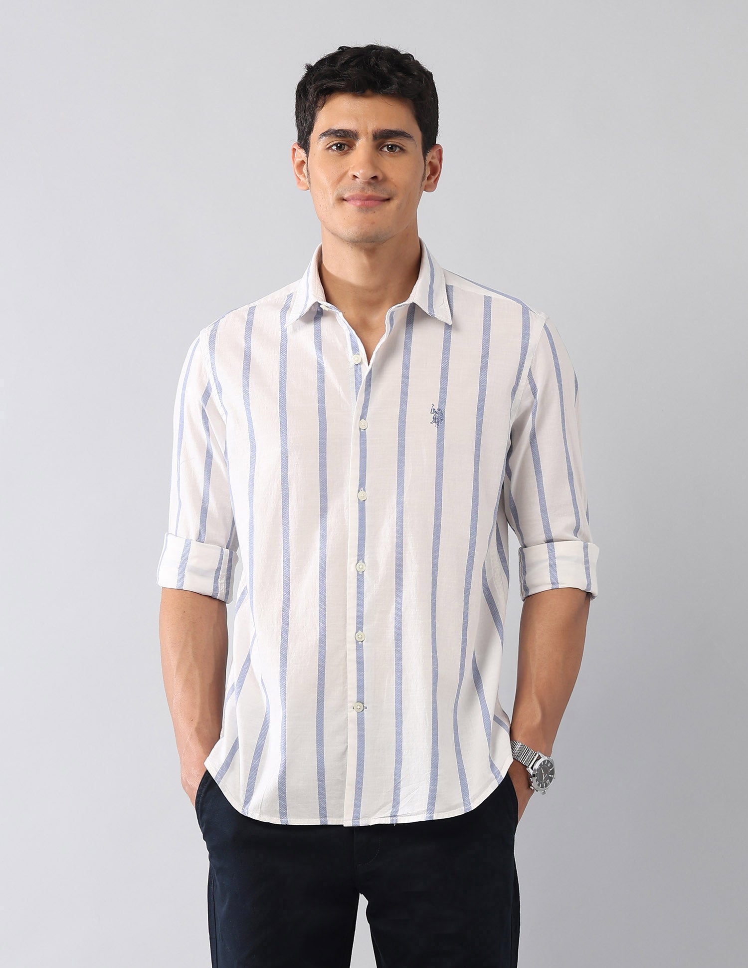 Vertical Striped Dobby Regular Fit Shirt Ivory - U.S. Polo Assn. India | Large
