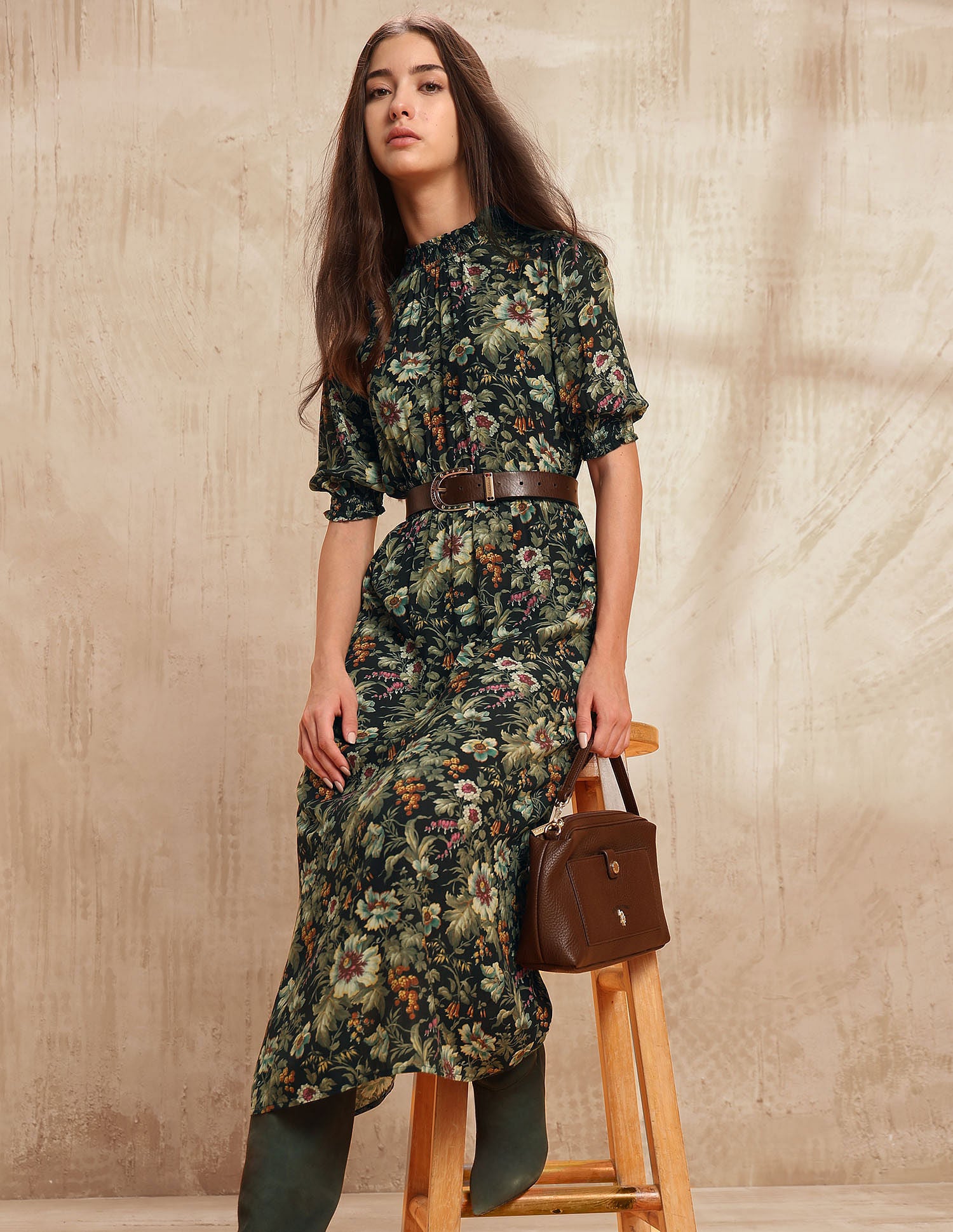 Smocked Floral Printed A-Line Midi Dress