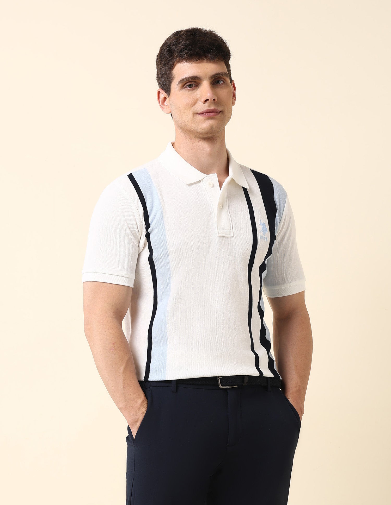 Vertical Striped Slim Fit Polo Shirt Off White - U.S. Polo Assn. India | Large