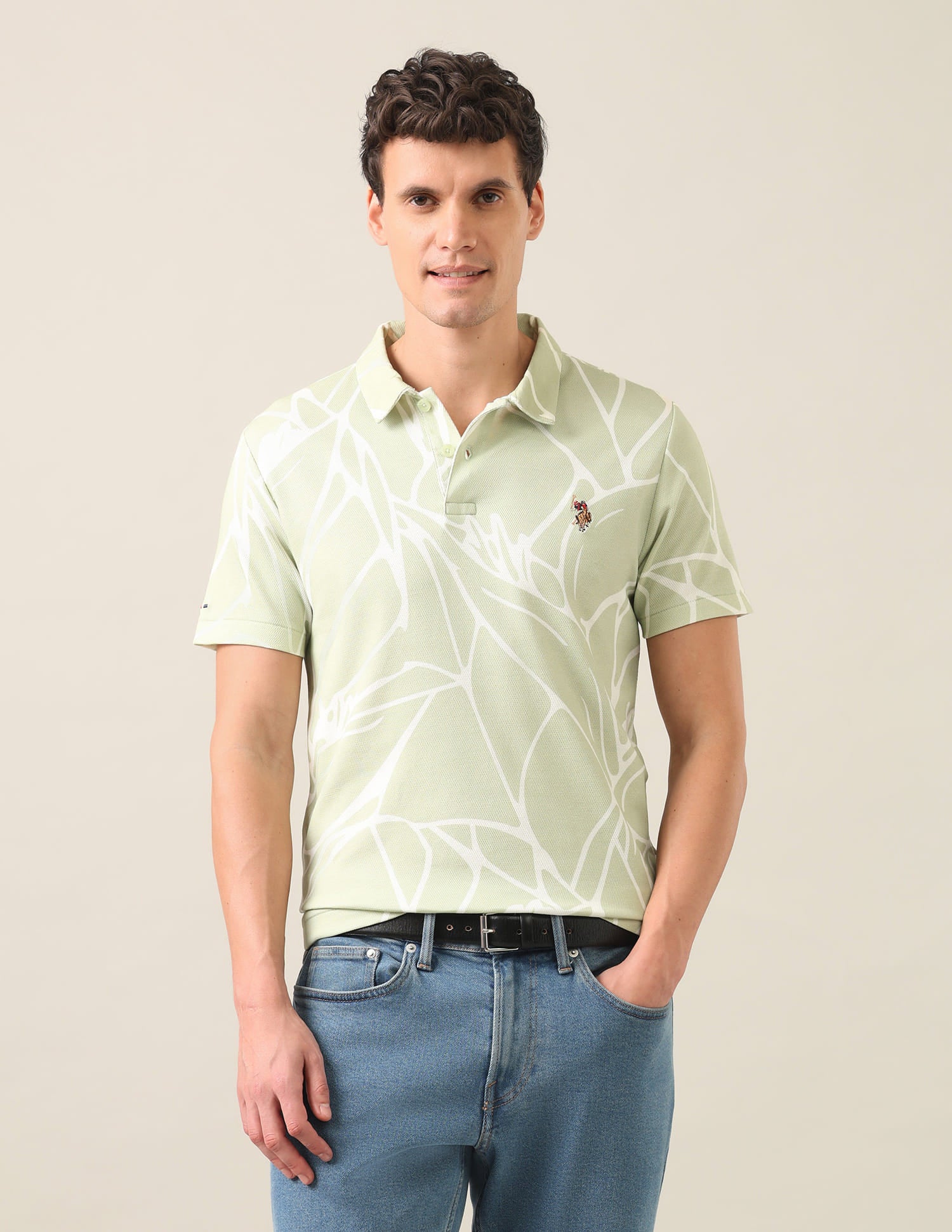 Abstract Printed Slim Fit Polo Shirt Light Green - U.S. Polo Assn. India | Large