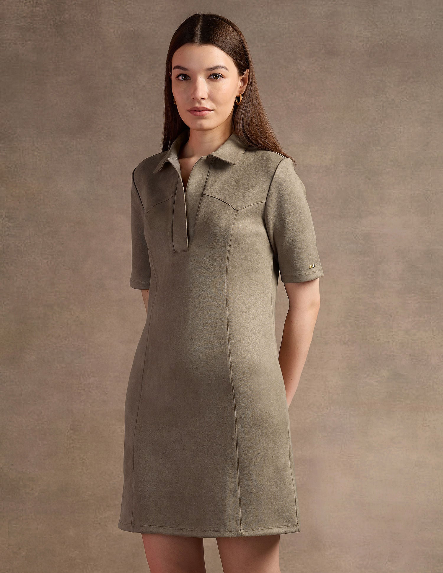 Shirt Collar Suede Shift Dress