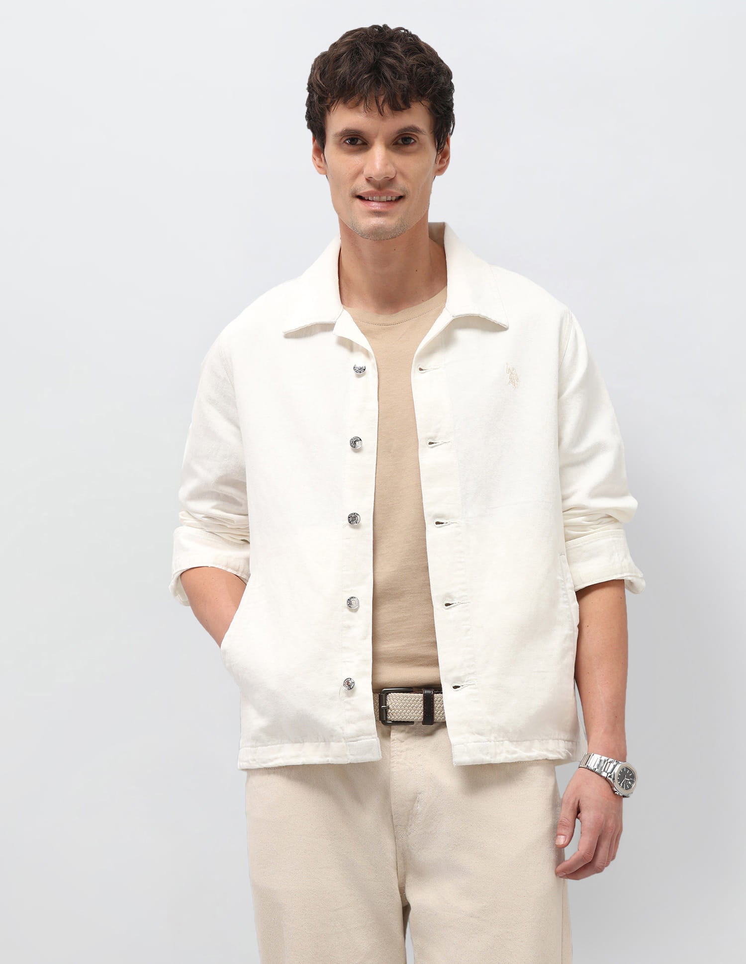 Solid Linen Regular Fit Jacket White - U.S. Polo Assn. India | Large