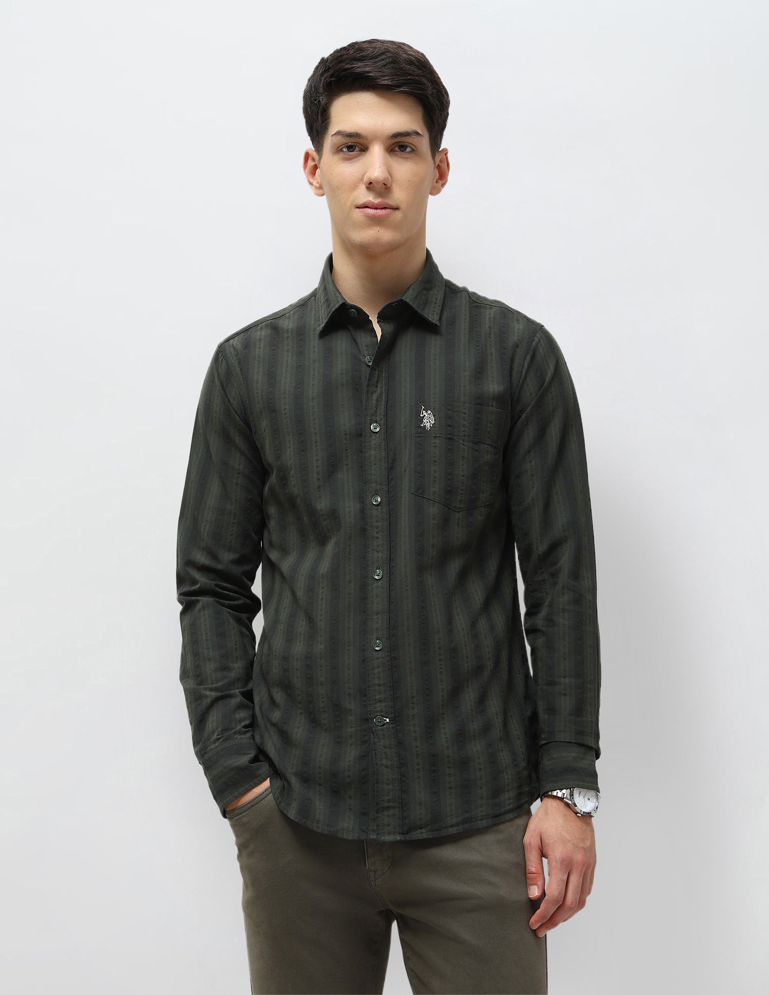 Vertical Striped Seersucker Shirt Olive - U.S. Polo Assn. India | Large