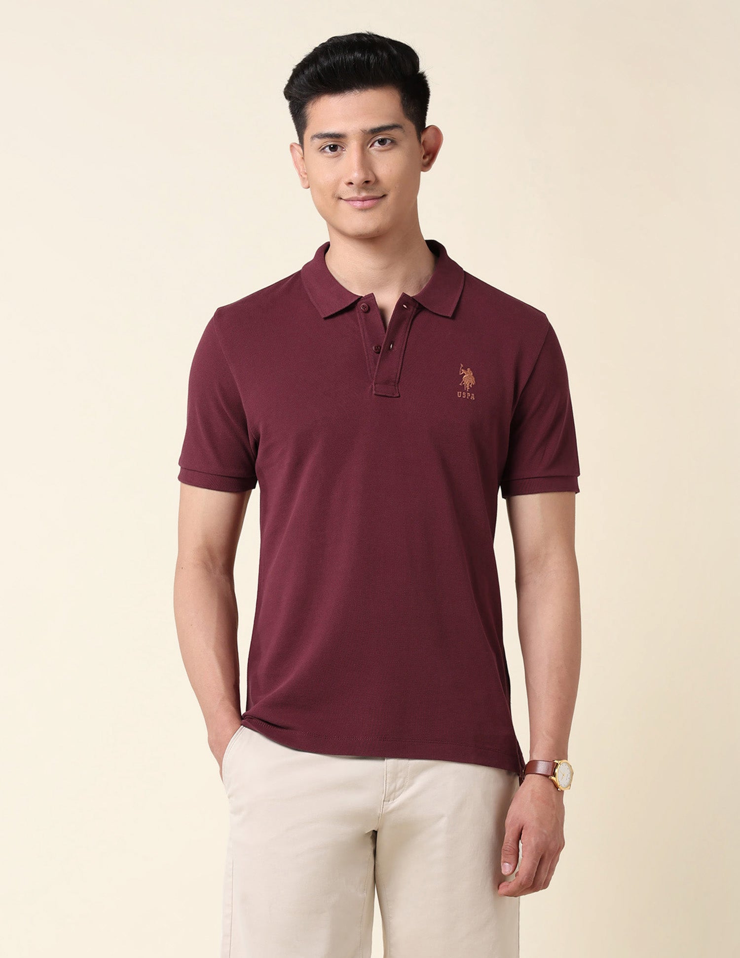 Pure Cotton Solid Polo Shirt Maroon - U.S. Polo Assn. India | Large