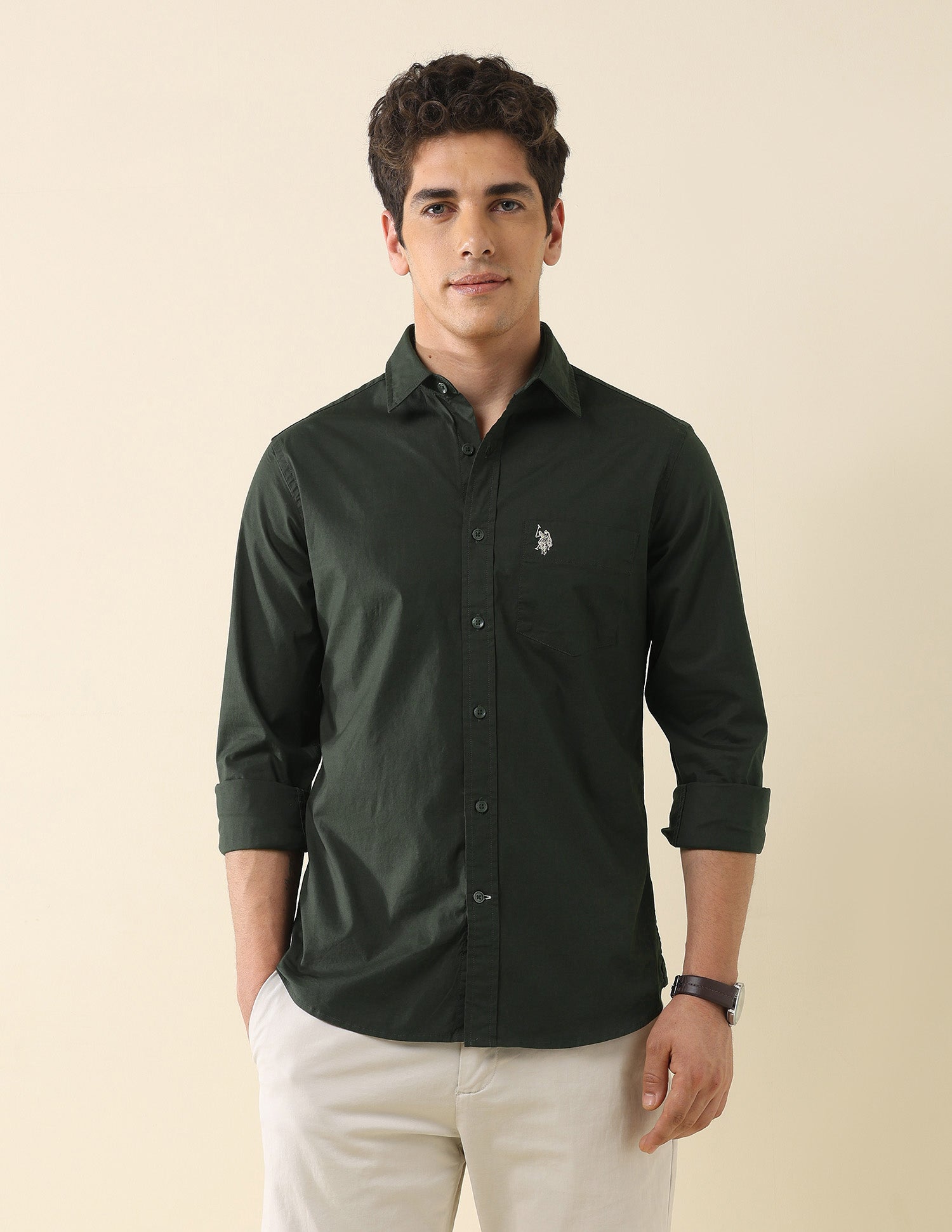Solid Tailored Fit Regular Shirt Green - U.S. Polo Assn. India | Large