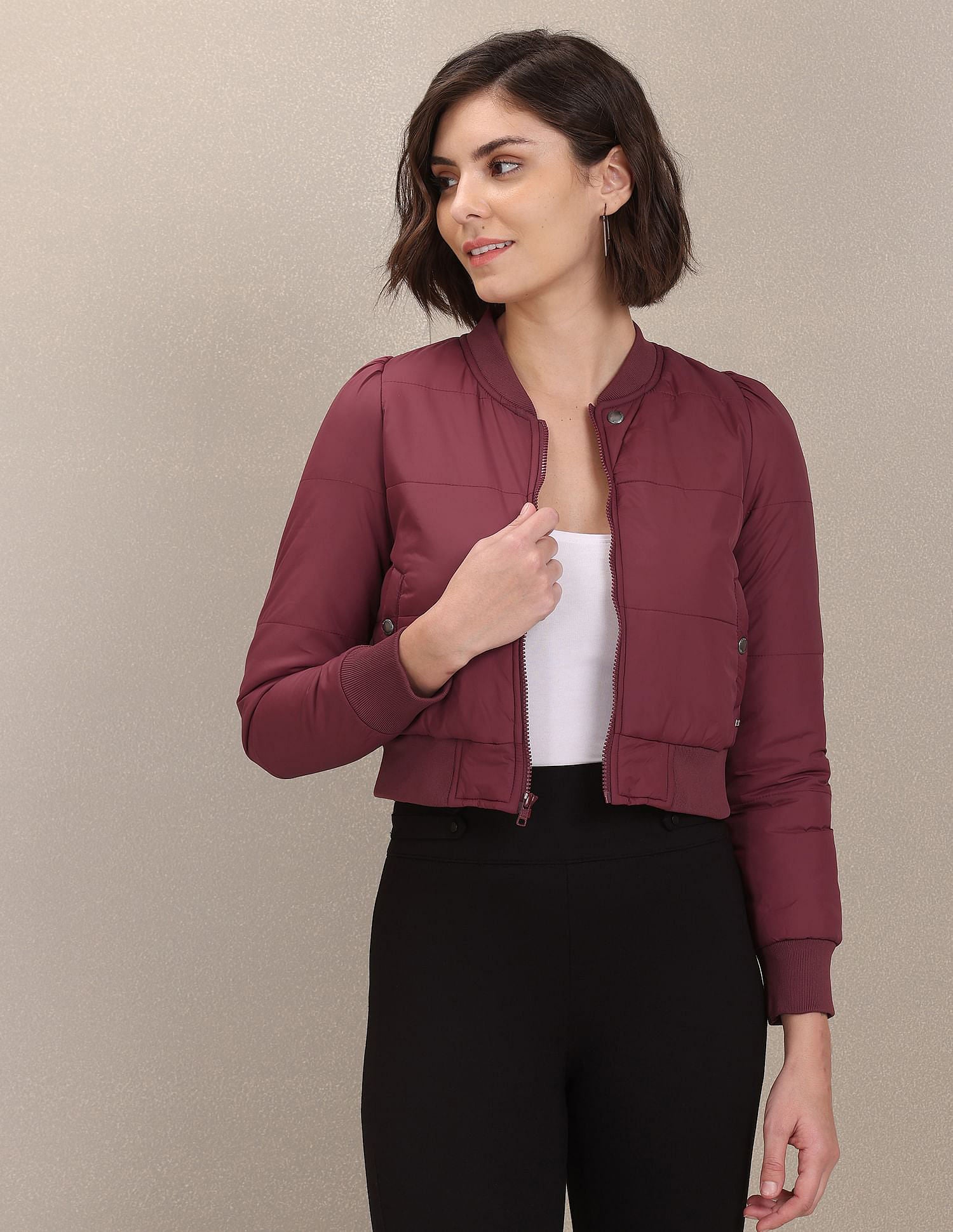 Solid Padded Cropped Bomber Jacket