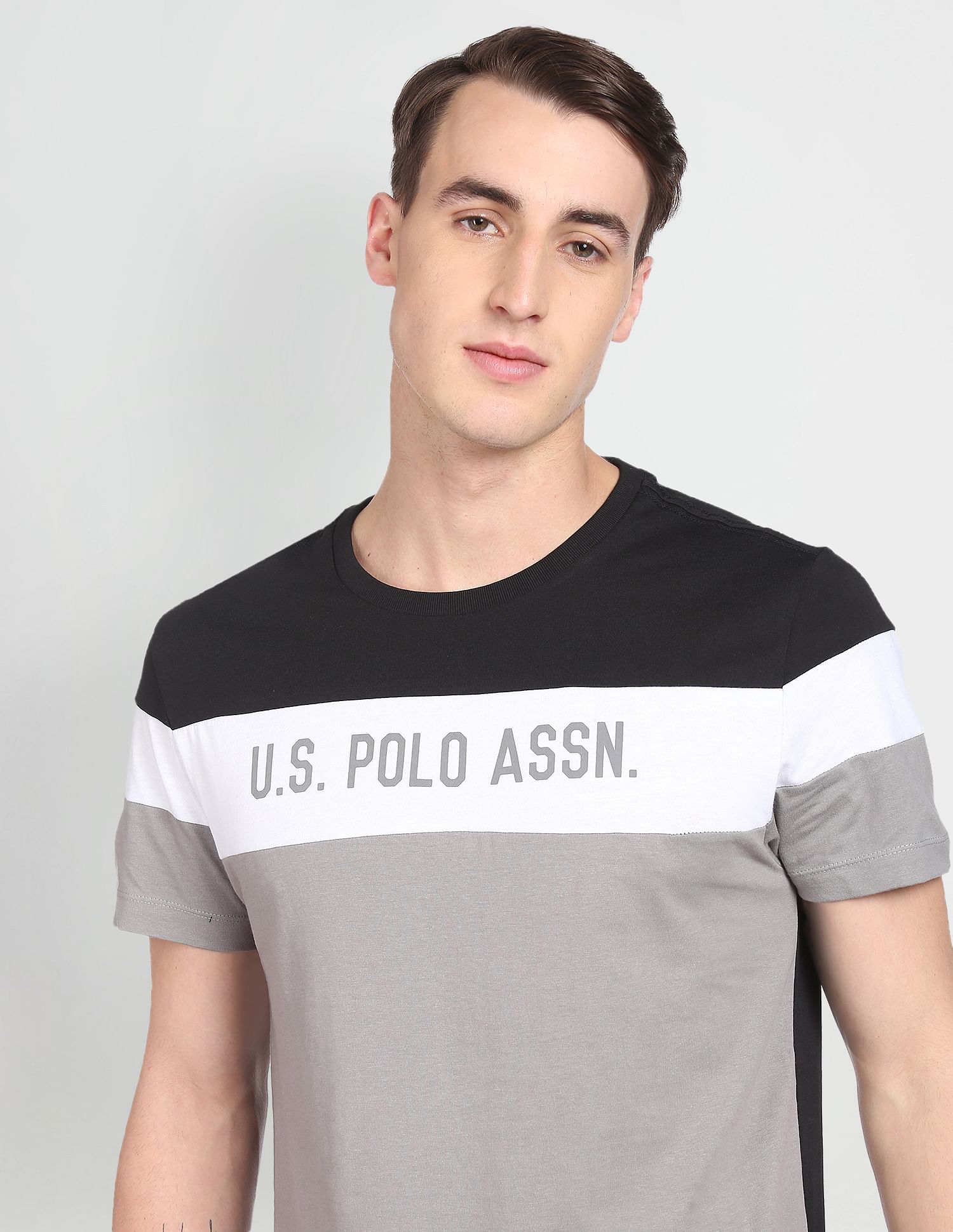 Colour Block Cotton T-Shirt Black, Grey and White - U.S. POLO ASSN. | Large