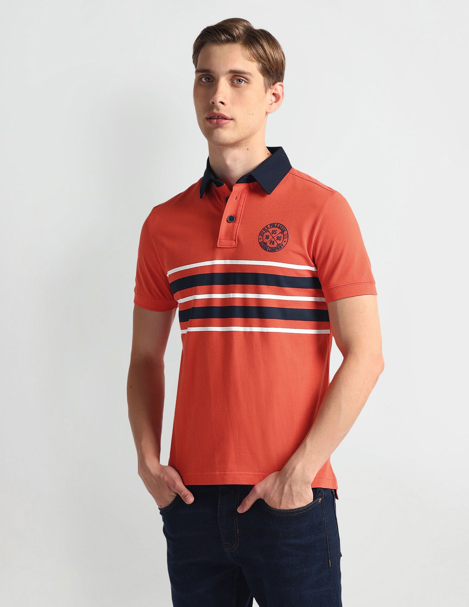 Ribbed Collar Stripe Polo Shirt Coral - U.S. Polo Assn. India | Large