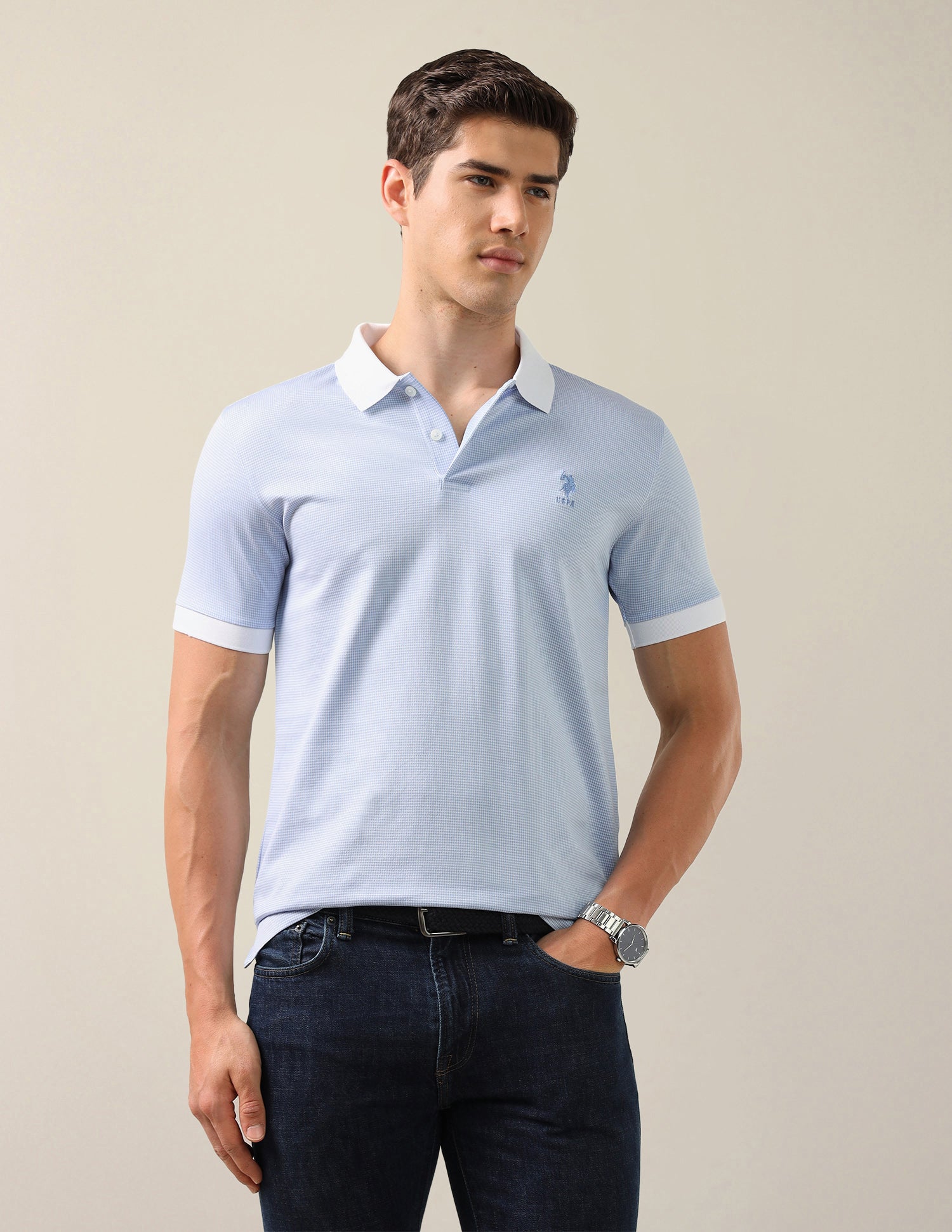 Textured Slim Fit Polo Shirt Blue - U.S. Polo Assn. India | Large