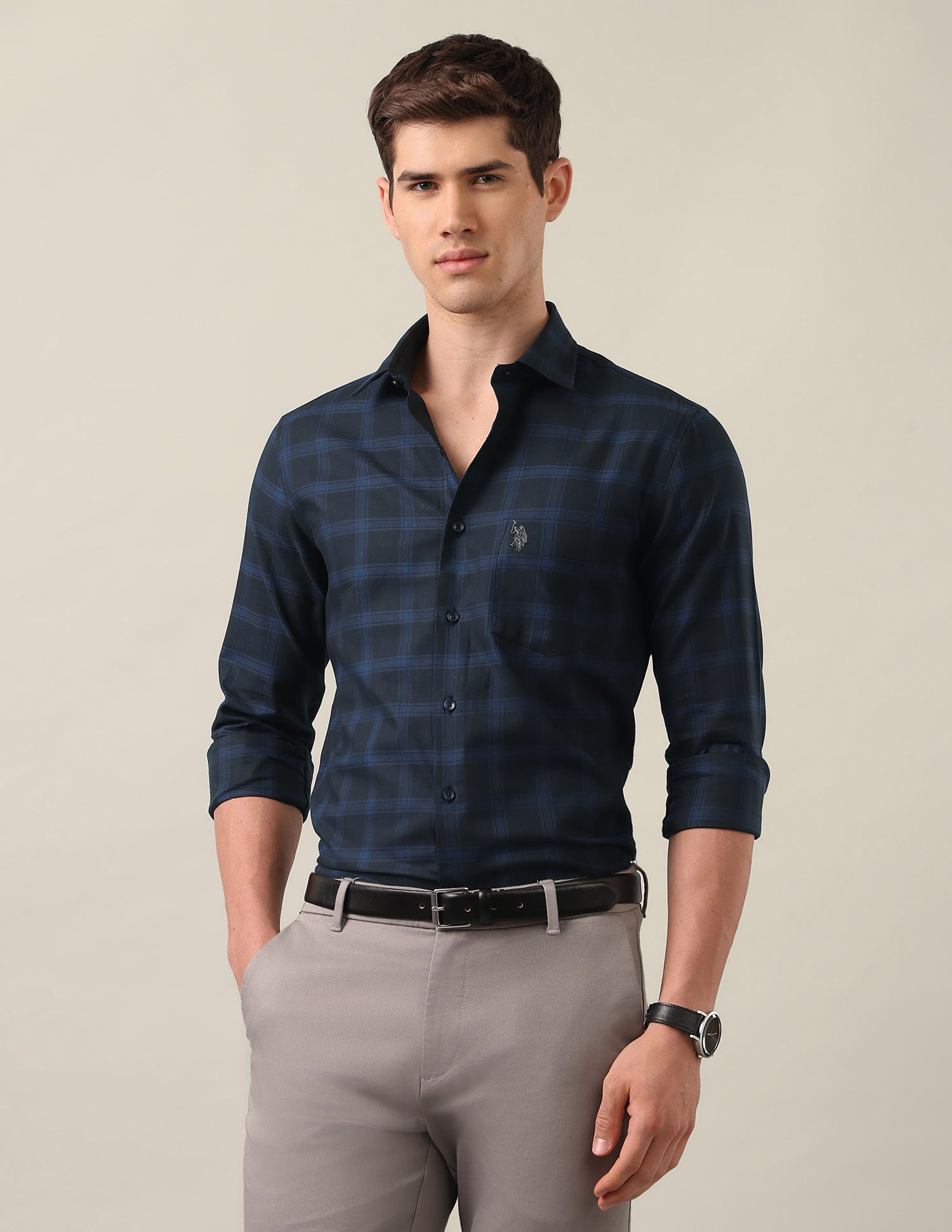 Tailored Fit Grid Tattersall Checked Shirt Navy - U.S. Polo Assn. India | Large