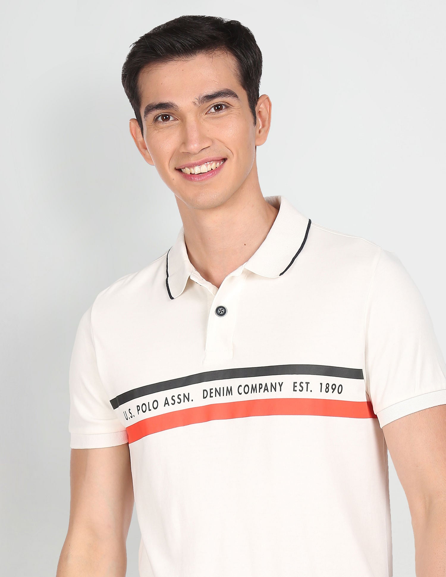 Men White Tipped Collar Brand Print Polo Shirt White - U.S. Polo Assn. India | Large